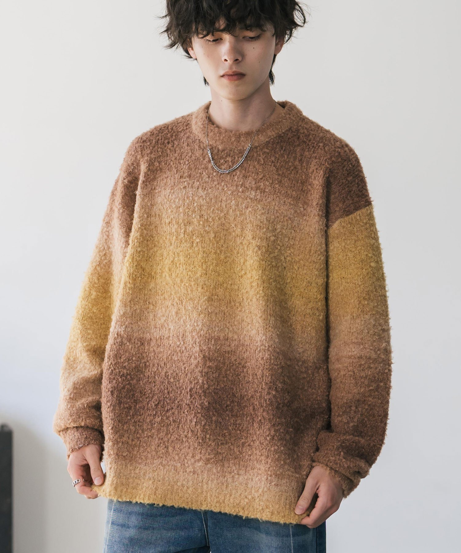 【ロッキーモンロー/Rocky Monroe】のブークレー段染めグラデーションボーダー柄オーバーサイズクルーニット インテリア・キッズ・メンズ・レディースファッション・服の通販 founy(ファニー) 　ファッション　Fashion　レディースファッション　Fashion for Women　トップス・カットソー　Cut & Sew Tops　ニット　Knit Tops & Sweaters　イエロー　Yellow　インナー　Innerwear　カットソー　Cut and Sewn Top　グラデーション　Gradient, Ombre　ハイネック　High Neck, Mock Neck　バランス　Balance, Style Balance　ボーダー　Border, Stripe　メンズ　Men's, Menswear　リラックス　Relax, Relaxed Fit　ワイド　Wide, Wide Fit　再入荷　Restock / Back in Stock　おすすめ　Recommended / Our Picks　エレガント 上品　Elegant　2025年　2025　2025-2026秋冬・A/W　Autumn/Winter 2025–26 AW25–26　イエロー|ID: prp329100004768493 ipo3291000000034601510