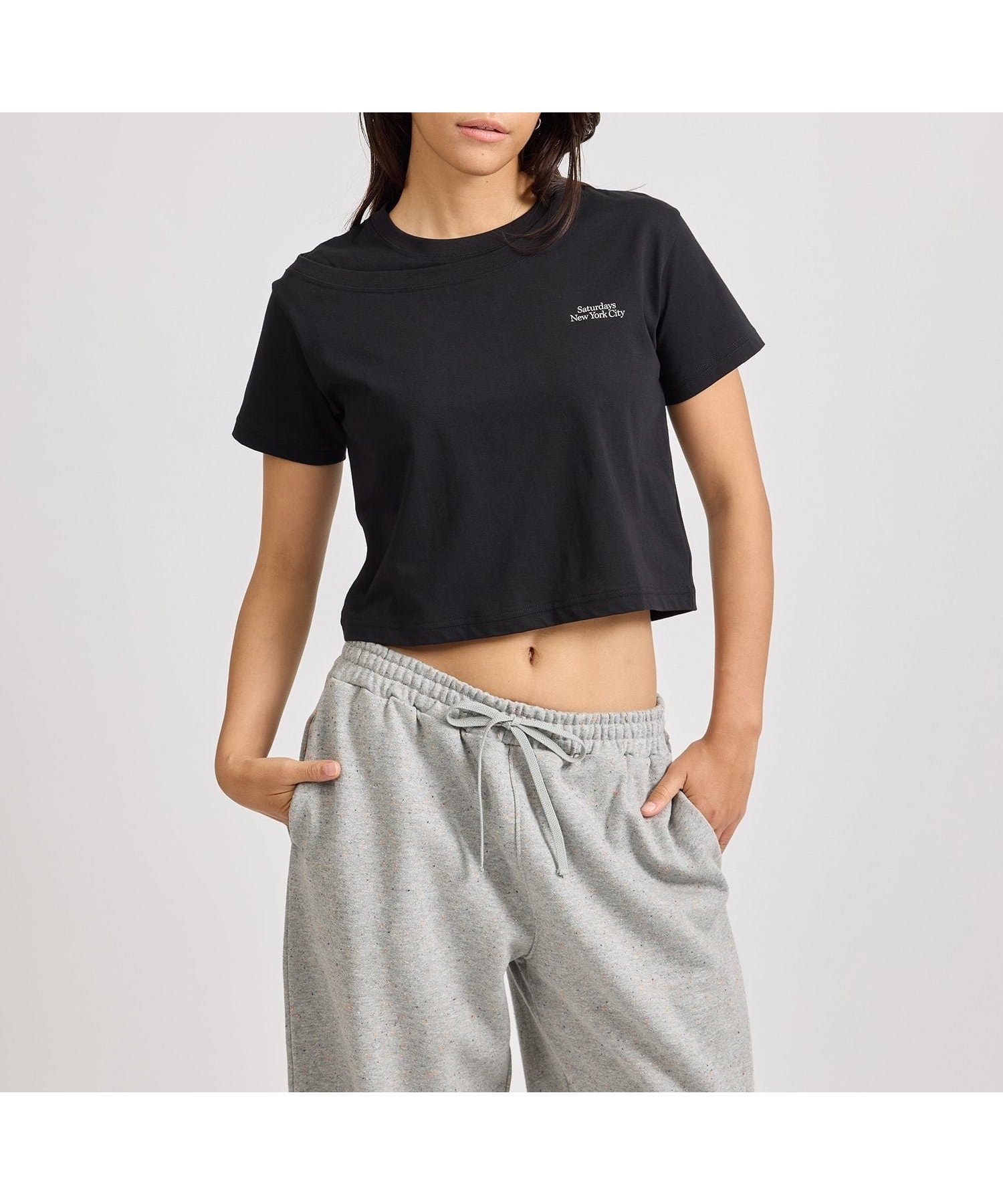 【サタデイズ ニューヨークシティ/SATURDAYS NYC】のGreta Layered Short Sleeve Tee インテリア・キッズ・メンズ・レディースファッション・服の通販 founy(ファニー) 　ファッション　Fashion　レディースファッション　Fashion for Women　トップス・カットソー　Cut & Sew Tops　シンプル　Simple, Minimal　プリント　Print, Printed Pattern　ワンポイント　One Point, Statement Accent　定番　Standard, Basic Item　ブラック(01)|ID: prp329100004768536 ipo3291000000034587526