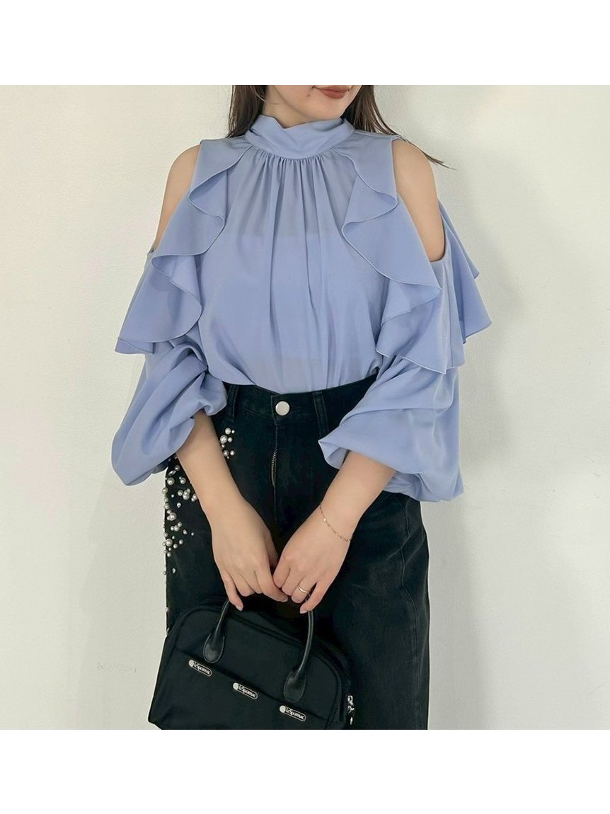 【フレイ アイディー/FRAY I.D】の【限定カラー】2wayショルダーフリルボウタイブラウス インテリア・キッズ・メンズ・レディースファッション・服の通販 founy(ファニー) 　ファッション　Fashion　レディースファッション　Fashion for Women　トップス・カットソー　Cut & Sew Tops　シャツ・ブラウス・オフィスカジュアル　Elegant Blouses & Button-Ups　ショルダー　Shoulder, Shoulder Strap　スリーブ　Sleeve, Long Sleeve / Short Sleeve　ハイネック　High Neck, Mock Neck　フィット　Fit, Slim Fit　フェミニン　Feminine, Girly　フリル　Frill, Ruffle　エレガント 上品　Elegant　BLU[086]|ID: prp329100004768539 ipo3291000000034537770