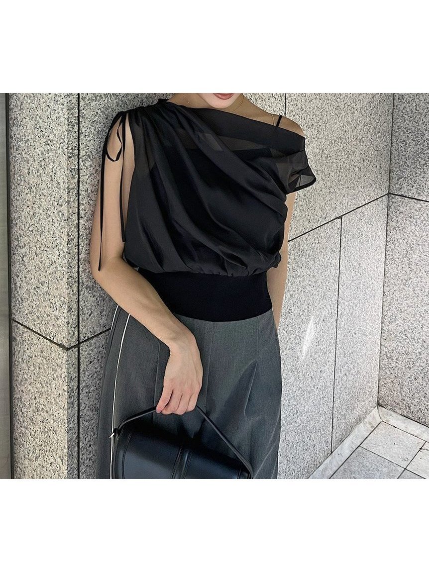 【スナイデル/SNIDEL】のシアーコンビニット インテリア・キッズ・メンズ・レディースファッション・服の通販 founy(ファニー) 　ファッション　Fashion　レディースファッション　Fashion for Women　トップス・カットソー　Cut & Sew Tops　ニット　Knit Tops & Sweaters　オーガンジー　Organza Fabric　キャミソール　Camisole, Spaghetti Strap Top　シアー　Sheer, See-Through　スマート　Smart, Elegant　デニム　Denim, Jeans Material　トレンド　Trend, Trending Now　ドッキング　Docking, Mixed Material　フィット　Fit, Slim Fit　ラベンダー　Lavender　リボン　Ribbon, Bow　楽ちん　Easy Fit, Comfortable　ワンショル　One Shoulder, Asymmetrical　ワンポイント　One Point, Statement Accent　BLK[009]|ID: prp329100004768907 ipo3291000000034541271