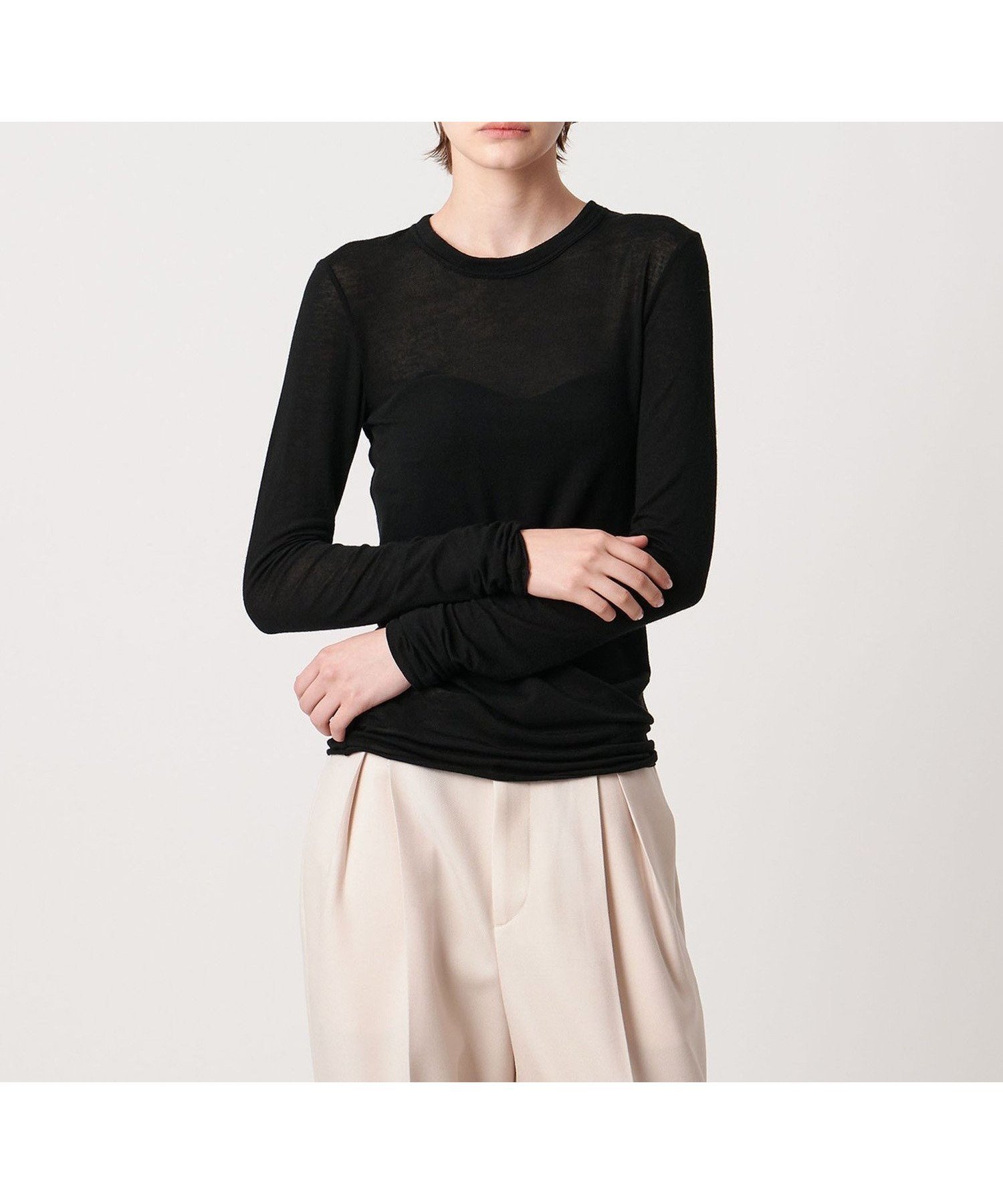 【ユナイテッドアローズ/UNITED ARROWS】のAEWEN MATOPH クルーネックロングスリーブカットソー インテリア・キッズ・メンズ・レディースファッション・服の通販 founy(ファニー) 　ファッション　Fashion　レディースファッション　Fashion for Women　トップス・カットソー　Cut & Sew Tops　カットソー・ベーシックTシャツ　Cut-and-Sewn Tops / Stretch Tees & Basics　インナー　Innerwear　コンパクト　Compact, Small Size　シアー　Sheer, See-Through　シルク　Silk, 100% Silk　シンプル　Simple, Minimal　ジャケット　Jacket, Outerwear　バランス　Balance, Style Balance　フィット　Fit, Slim Fit　ベスト　Vest, Waistcoat　ボトム　Bottoms, Lower Wear　半袖　Short Sleeve, Half Sleeve　BLACK|ID: prp329100004769171 ipo3291000000034543304