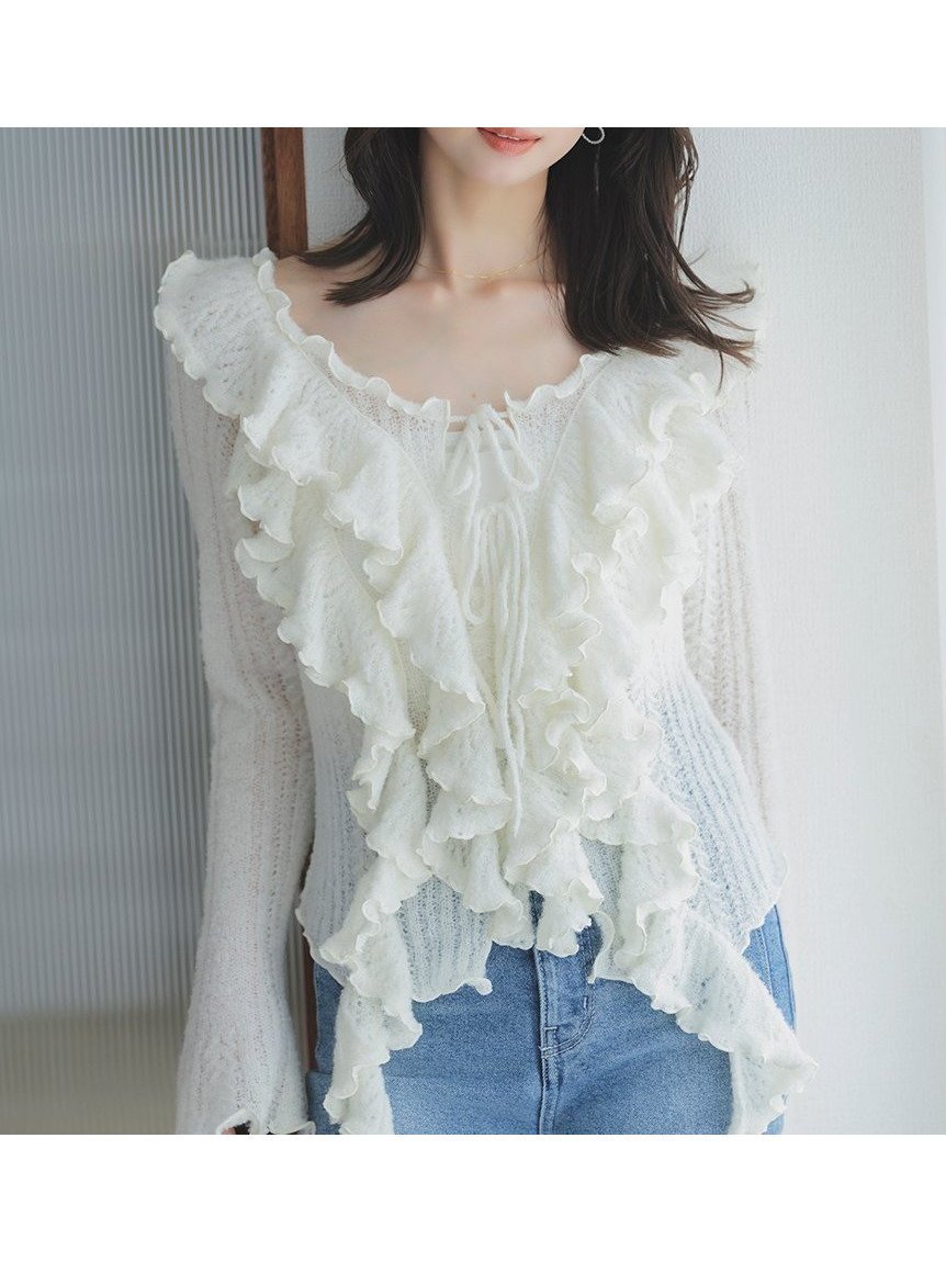 【スナイデル/SNIDEL】のラッフルデザインニットプルオーバー 人気、トレンドファッション・服の通販 founy(ファニー) 　ファッション　Fashion　レディースファッション　Fashion for Women　トップス・カットソー　Cut & Sew Tops　ニット　Knit Tops & Sweaters　カジュアルプルオーバー・ニットトップス　Pullovers & Knit Tops / Casual Pullovers　イエロー　Yellow　インナー　Innerwear　ウェーブ　Wavy Pattern　エアリー　Airy Texture　ストレッチ　Stretch, Stretchy Fabric　スマート　Smart, Elegant　スリーブ　Sleeve, Long Sleeve / Short Sleeve　デニム　Denim, Jeans Material　トレンド　Trend, Trending Now　フィット　Fit, Slim Fit　フェミニン　Feminine, Girly　フリル　Frill, Ruffle　リボン　Ribbon, Bow　ロマンティック　Romantic, Feminine Style　おすすめ　Recommended / Our Picks　 other-1|ID: prp329100004769184 ipo3291000000034543404