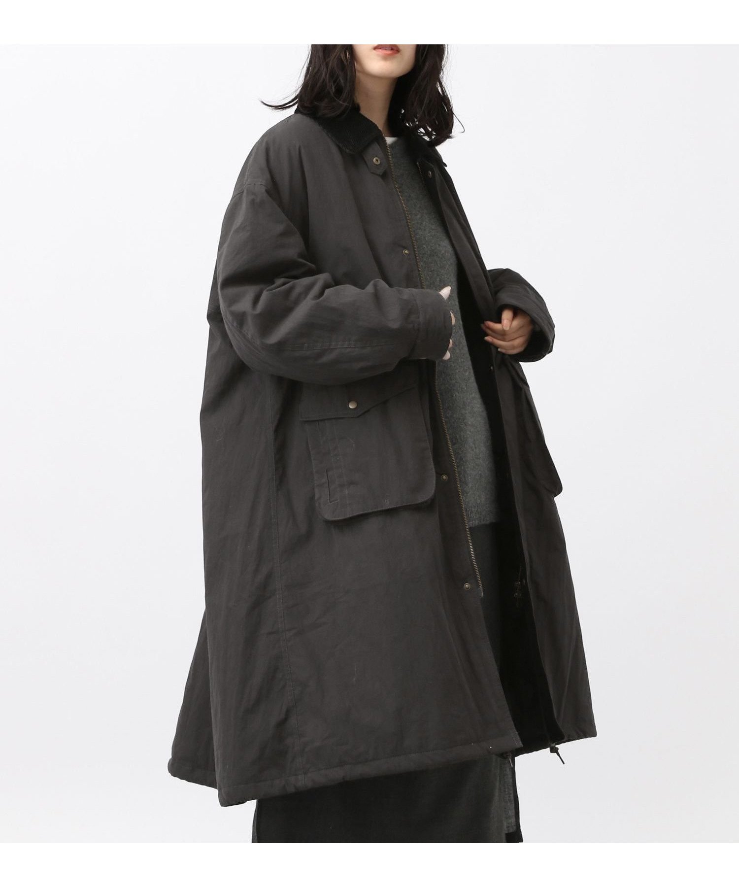 【スタディオ クリップ/studio CLIP】の《先行 /natural by clip》フィッシングロングコート インテリア・キッズ・メンズ・レディースファッション・服の通販 founy(ファニー) 　ファッション　Fashion　レディースファッション　Fashion for Women　アウター　Coat / Outerwear Collection　コート・ロングコート・ピーコート　Long Coats, Peacoats & More　おすすめ　Recommended / Our Picks　コーデュロイ　Corduroy, Cord Fabric　スタンド　Stand Collar, Upright Stand　フレア　Flare, Flared　ロング　Long, Long-Length　人気　Popular, Best Seller　冬　Winter / This Winter　ブラック19|ID: prp329100004769425 ipo3291000000034893262