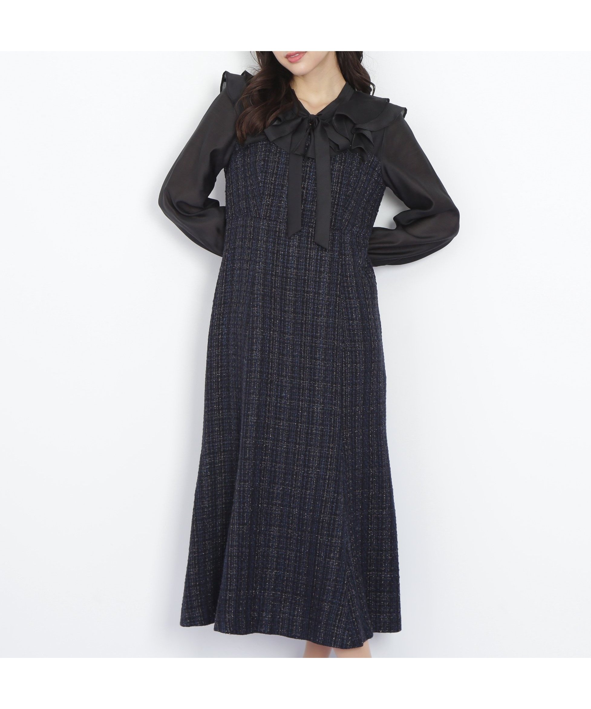 【ジルバイジルスチュアート/JILL by JILLSTUART】のブラウスドッキングツィードワンピース インテリア・キッズ・メンズ・レディースファッション・服の通販 founy(ファニー) 　ファッション　Fashion　レディースファッション　Fashion for Women　ワンピース　Dresses　おすすめ　Recommended / Our Picks　スマート　Smart, Elegant　ツイード／ツィード　Choker, Choker Necklace　ドッキング　Docking, Mixed Material　マーメイド　Mermaid, Fishtail Silhouette　冬　Winter / This Winter　年末　Year-end　ネイビー|ID: prp329100004769892 ipo3291000000034871676