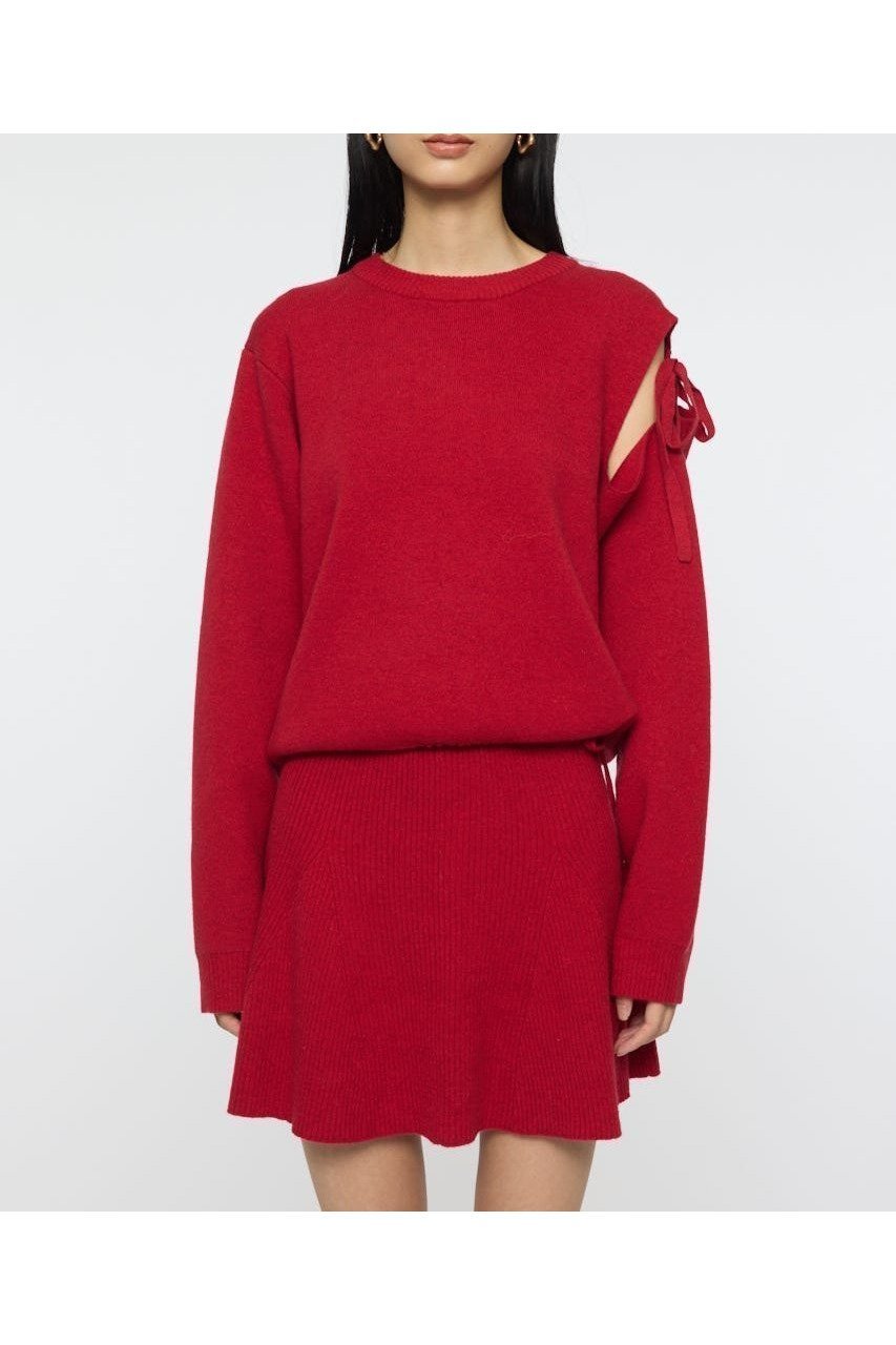 【マウジー/moussy】のTIED RIBBON セーター ミニスカート インテリア・キッズ・メンズ・レディースファッション・服の通販 founy(ファニー) 　ファッション　Fashion　レディースファッション　Fashion for Women　スカート　Skirts　ミニスカート　Mini Skirts　おすすめ　Recommended / Our Picks　ショルダー　Shoulder, Shoulder Strap　シンプル　Simple, Minimal　スウェット / スエット　Sweatshirt, Sweatwear　スラックス　Slacks, Dress Pants　スリット　Slit, Slit Detail　セットアップ　Set-Up, Coordinated Outfit　セーター　Sweater, Knitwear　デニム　Denim, Jeans Material　トレンド　Trend, Trending Now　バランス　Balance, Style Balance　フェミニン　Feminine, Girly　フレア　Flare, Flared　ミニスカート　Mini Skirt, Short Skirt　リボン　Ribbon, Bow　人気　Popular, Best Seller　再入荷　Restock / Back in Stock　RED|ID: prp329100004769904 ipo3291000000034550788