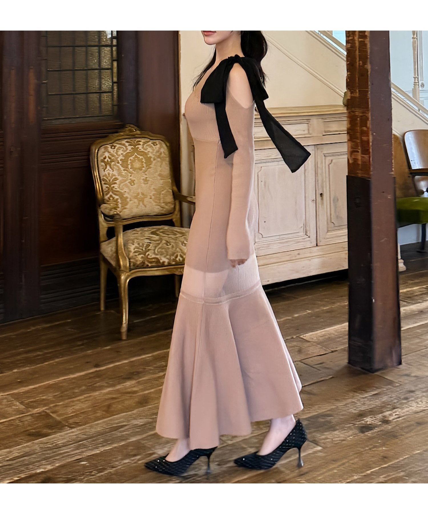 【ロイヤルパーティー/ROYAL PARTY】の【丈が選べる】ワンショルリボンシアー切替ニットマーメイドワンピース インテリア・キッズ・メンズ・レディースファッション・服の通販 founy(ファニー) ファッション Fashion レディースファッション Fashion for Women ワンピース Dresses シアー Sheer, See-Through バランス Balance, Style Balance リボン Ribbon, Bow エレガント 上品 Elegant 切替 Switching, Contrast Panel ベージュ|ID: prp329100004770517 ipo3291000000034590119