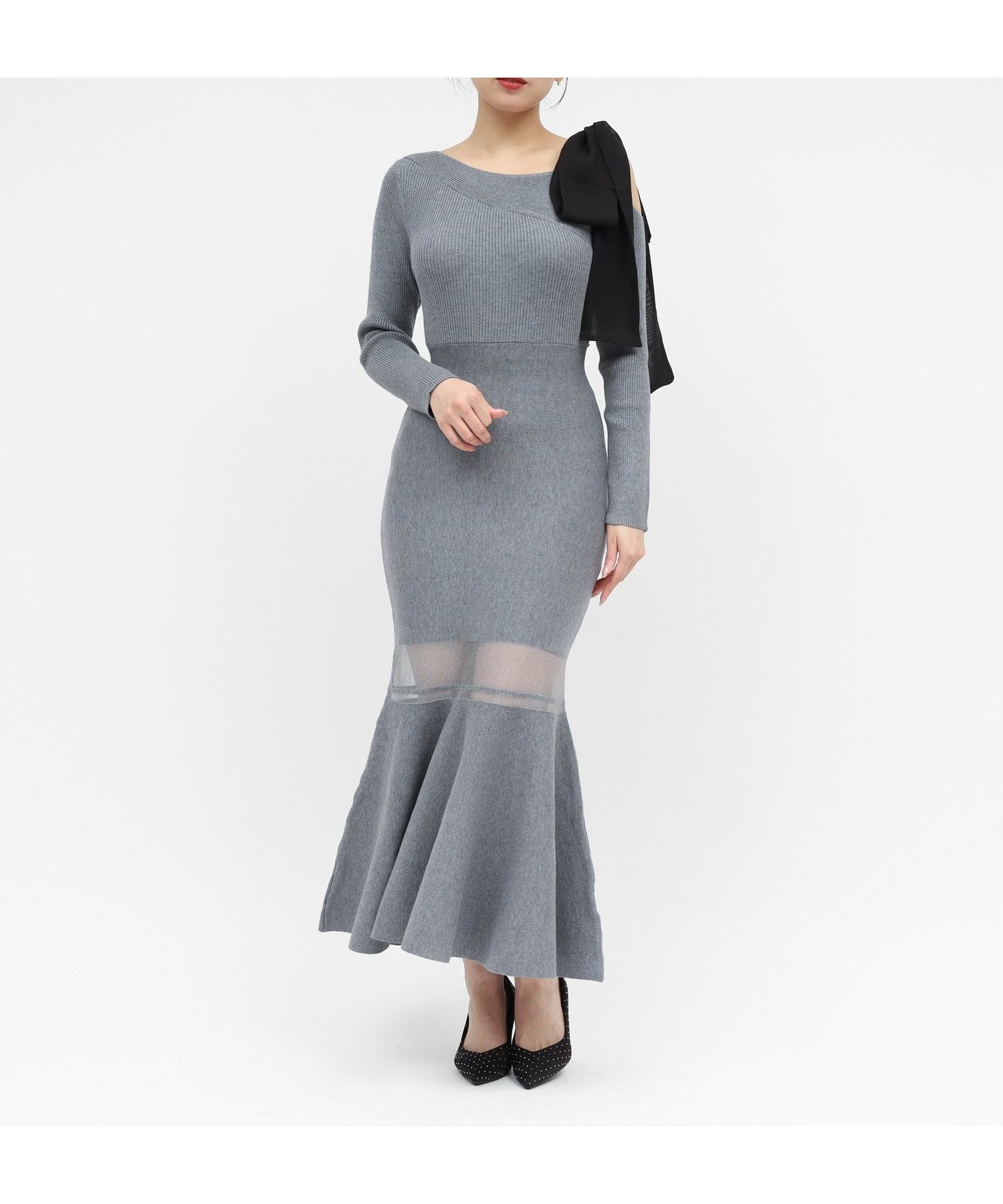 【ロイヤルパーティー/ROYAL PARTY】の【丈が選べる】ワンショルリボンシアー切替ニットマーメイドワンピース インテリア・キッズ・メンズ・レディースファッション・服の通販 founy(ファニー) ファッション Fashion レディースファッション Fashion for Women ワンピース Dresses シアー Sheer, See-Through バランス Balance, Style Balance リボン Ribbon, Bow エレガント 上品 Elegant 切替 Switching, Contrast Panel グレー|ID: prp329100004770517 ipo3291000000034590121