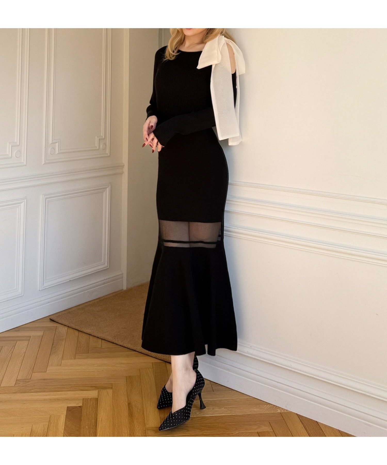 【ロイヤルパーティー/ROYAL PARTY】の【丈が選べる】ワンショルリボンシアー切替ニットマーメイドワンピース インテリア・キッズ・メンズ・レディースファッション・服の通販 founy(ファニー) ファッション Fashion レディースファッション Fashion for Women ワンピース Dresses シアー Sheer, See-Through バランス Balance, Style Balance リボン Ribbon, Bow エレガント 上品 Elegant 切替 Switching, Contrast Panel ブラック|ID: prp329100004770517 ipo3291000000034590123