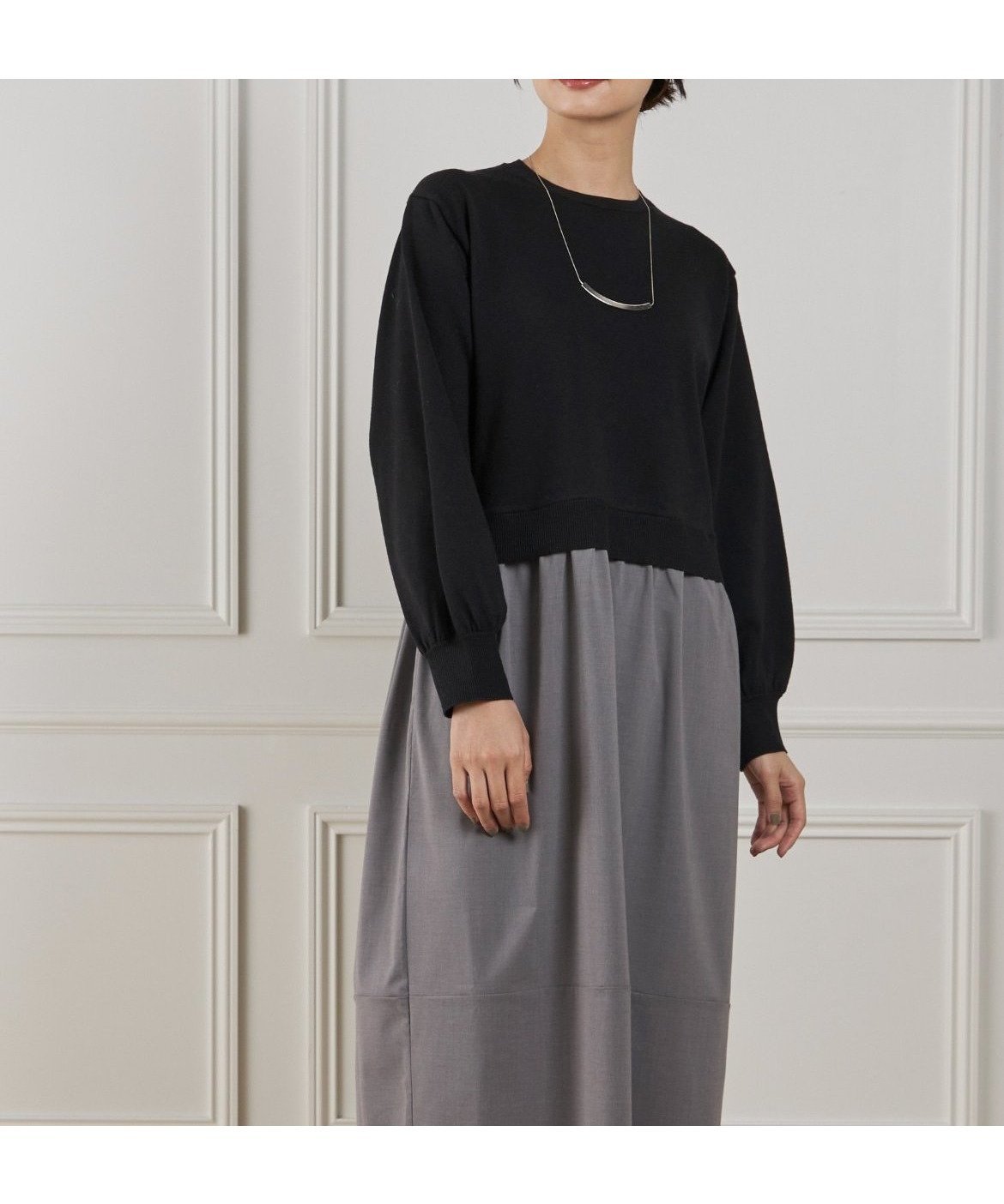 【イネド/INED】の異素材コンビネーションワンピース インテリア・キッズ・メンズ・レディースファッション・服の通販 founy(ファニー) 　ファッション　Fashion　レディースファッション　Fashion for Women　ワンピース　Dresses　アクリル　Acrylic Material　シンプル　Simple, Minimal　スマート　Smart, Elegant　スリーブ　Sleeve, Long Sleeve / Short Sleeve　タイプライター　Typewriter Fabric, Crisp Cotton　グレー|ID: prp329100004770525 ipo3291000000034557634