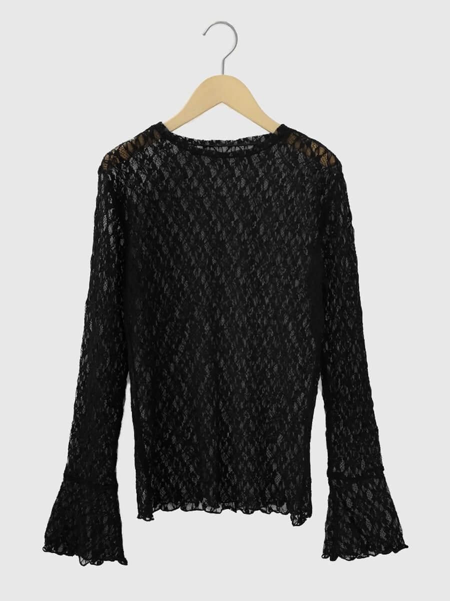 【ヴァン/Vin】の袖フレアレースニットシアーカットソー インテリア・キッズ・メンズ・レディースファッション・服の通販 founy(ファニー) 　ファッション　Fashion　レディースファッション　Fashion for Women　トップス・カットソー　Cut & Sew Tops　ニット　Knit Tops & Sweaters　カットソー・ベーシックTシャツ　Cut-and-Sewn Tops / Stretch Tees & Basics　おすすめ　Recommended / Our Picks　インナー　Innerwear　エレガント 上品　Elegant　オケージョン　Occasion Wear　カットソー　Cut and Sewn Top　スリーブ　Sleeve, Long Sleeve / Short Sleeve　フレア　Flare, Flared　透かし　Cut-Out, Lacework　ブラック|ID: prp329100004771647 ipo3291000000034978545