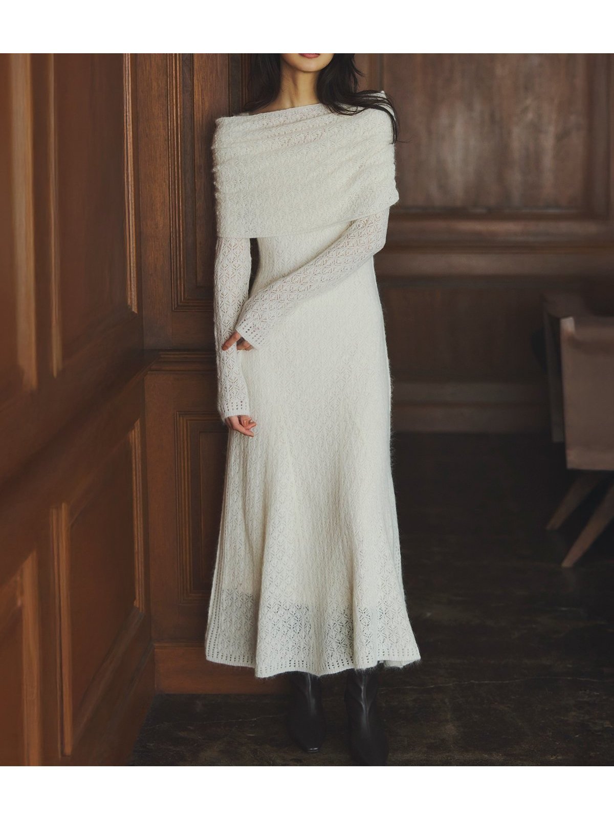 【アニュアンス/anuans】のレースワークニットワンピース インテリア・キッズ・メンズ・レディースファッション・服の通販 founy(ファニー) ファッション Fashion レディースファッション Fashion for Women ワンピース Dresses ニットワンピース Knit Dresses ギャザー Gathered, Ruffled スヌード Snood, Infinity Scarf IVORY|ID: prp329100004771760 ipo3291000000034570307