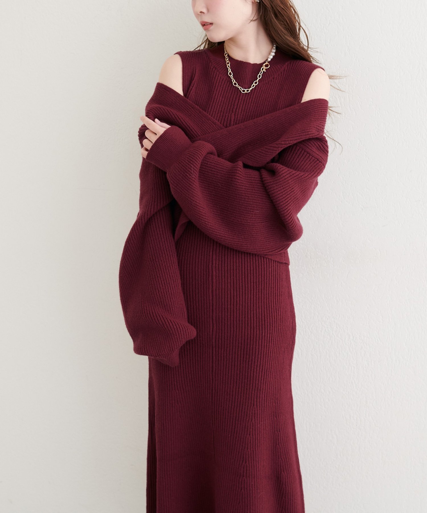 【ナチュラルクチュール/natural couture】の前後2WAYクロスリボンニット×ワンピースSET インテリア・キッズ・メンズ・レディースファッション・服の通販 founy(ファニー) 　ファッション　Fashion　レディースファッション　Fashion for Women　ワンピース　Dresses　カーディガン　Cardigan, Knitwear　ショート　Short, Short Length　シンプル　Simple, Minimal　ジャケット　Jacket, Outerwear　スニーカー　Sneakers, Trainers　デコルテ　Décolleté, Neckline　デニム　Denim, Jeans Material　トレンド　Trend, Trending Now　フロント　Front, Front Design　リボン　Ribbon, Bow　再入荷　Restock / Back in Stock　おすすめ　Recommended / Our Picks　2025年　2025　2025-2026秋冬・A/W　Autumn/Winter 2025–26 AW25–26　ボルドー|ID: prp329100004772409 ipo3291000000034578314