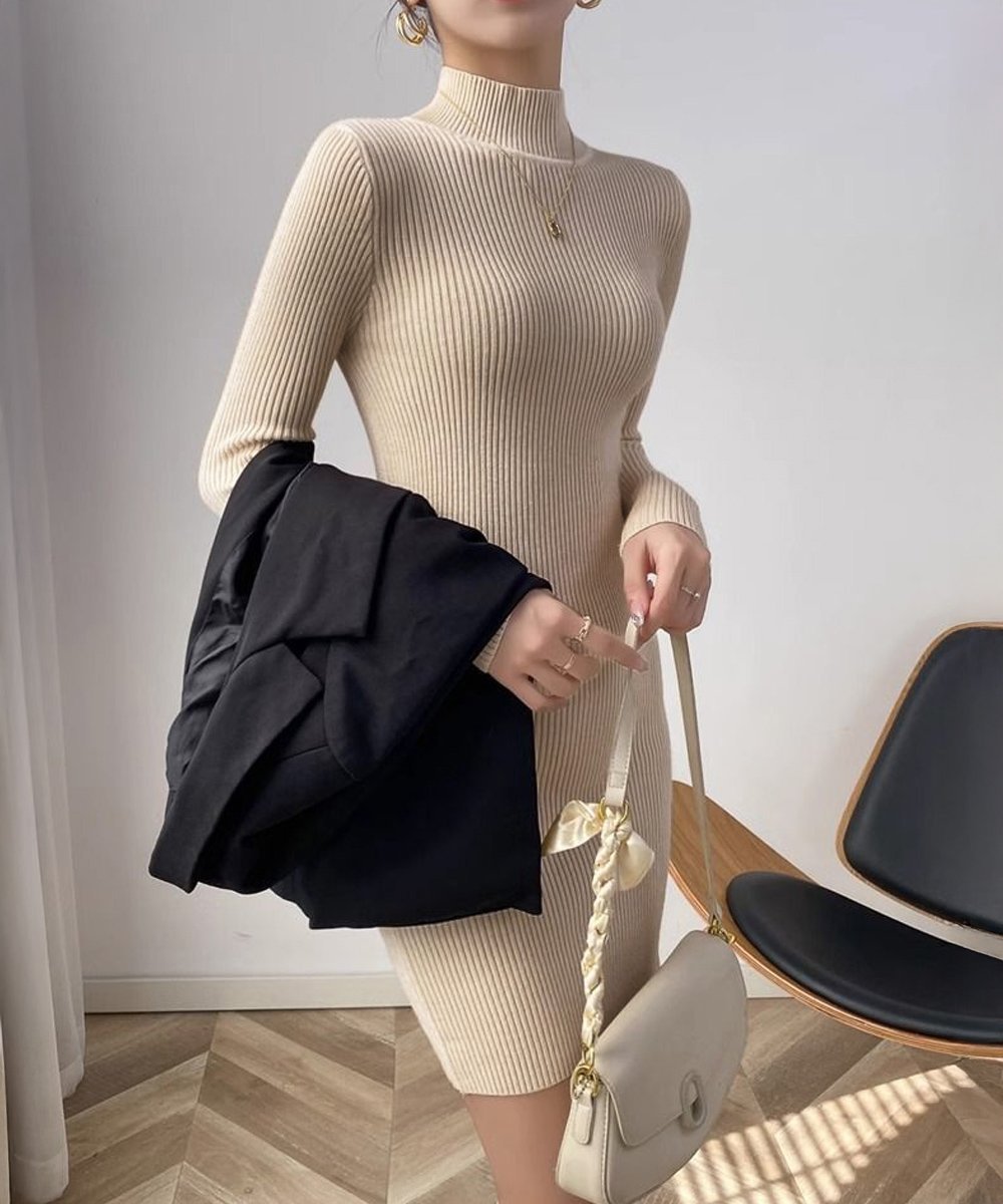 【ミニミニストア/miniministore】のニットワンピース 長袖 タイトワンピース インテリア・キッズ・メンズ・レディースファッション・服の通販 founy(ファニー) 　ファッション　Fashion　レディースファッション　Fashion for Women　ワンピース　Dresses　ニットワンピース　Knit Dresses　アクリル　Acrylic Material　長袖　Long Sleeve, Full Sleeve　ハイネック　High Neck, Mock Neck　無地　Plain, Solid Color　A/W・秋冬　Autumn/Winter　ベージュ|ID: prp329100004772431 ipo3291000000034578493