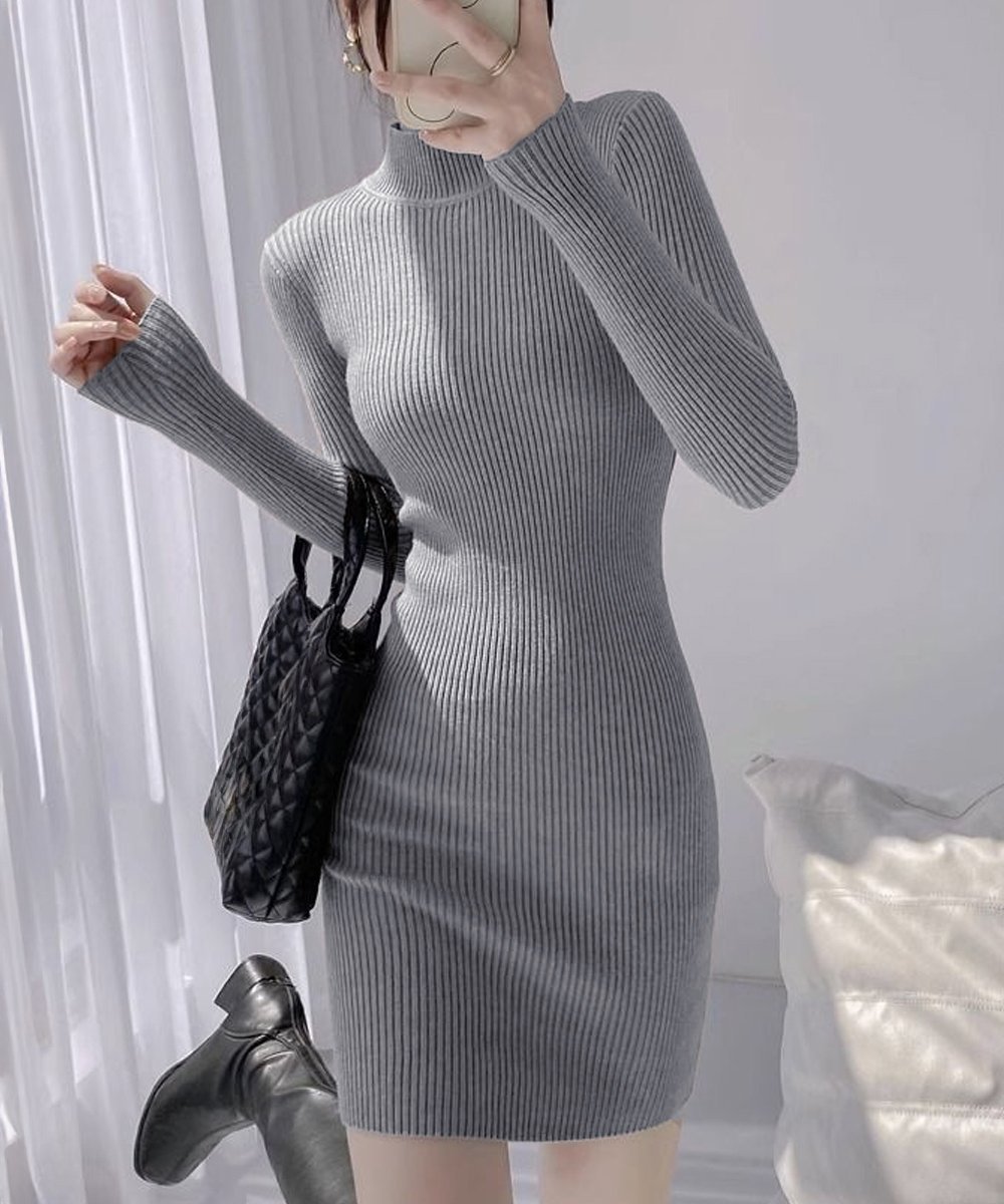 【ミニミニストア/miniministore】のニットワンピース 長袖 タイトワンピース インテリア・キッズ・メンズ・レディースファッション・服の通販 founy(ファニー) 　ファッション　Fashion　レディースファッション　Fashion for Women　ワンピース　Dresses　ニットワンピース　Knit Dresses　アクリル　Acrylic Material　長袖　Long Sleeve, Full Sleeve　ハイネック　High Neck, Mock Neck　無地　Plain, Solid Color　A/W・秋冬　Autumn/Winter　グレー|ID: prp329100004772431 ipo3291000000034578494
