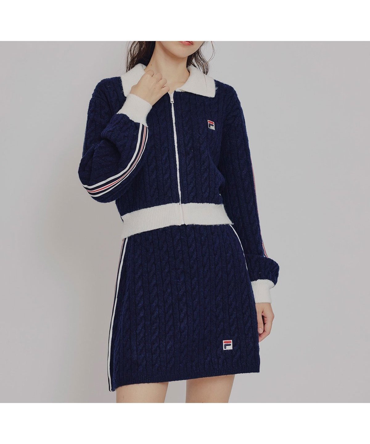 【レディアゼル/REDYAZEL】の【11/14 18時発売開始】 FILA*REDYAZEL ケーブルニットトリコロールラインジャケット*タイトミニスカートセットアップ インテリア・キッズ・メンズ・レディースファッション・服の通販 founy(ファニー) ファッション Fashion レディースファッション Fashion for Women アウター Coat / Outerwear Collection レディースジャケット・軽アウター Jackets セットアップ Matching Sets スカート・ミニ/ミディ/マキシ Skirts / Mini, Midi & Maxi Skirts スカート Skirts ミニスカート Mini Skirts スポーティ Sporty, Casual Athletic A/W・秋冬 Autumn/Winter ネイビー|ID: prp329100004772440 ipo3291000000034578591