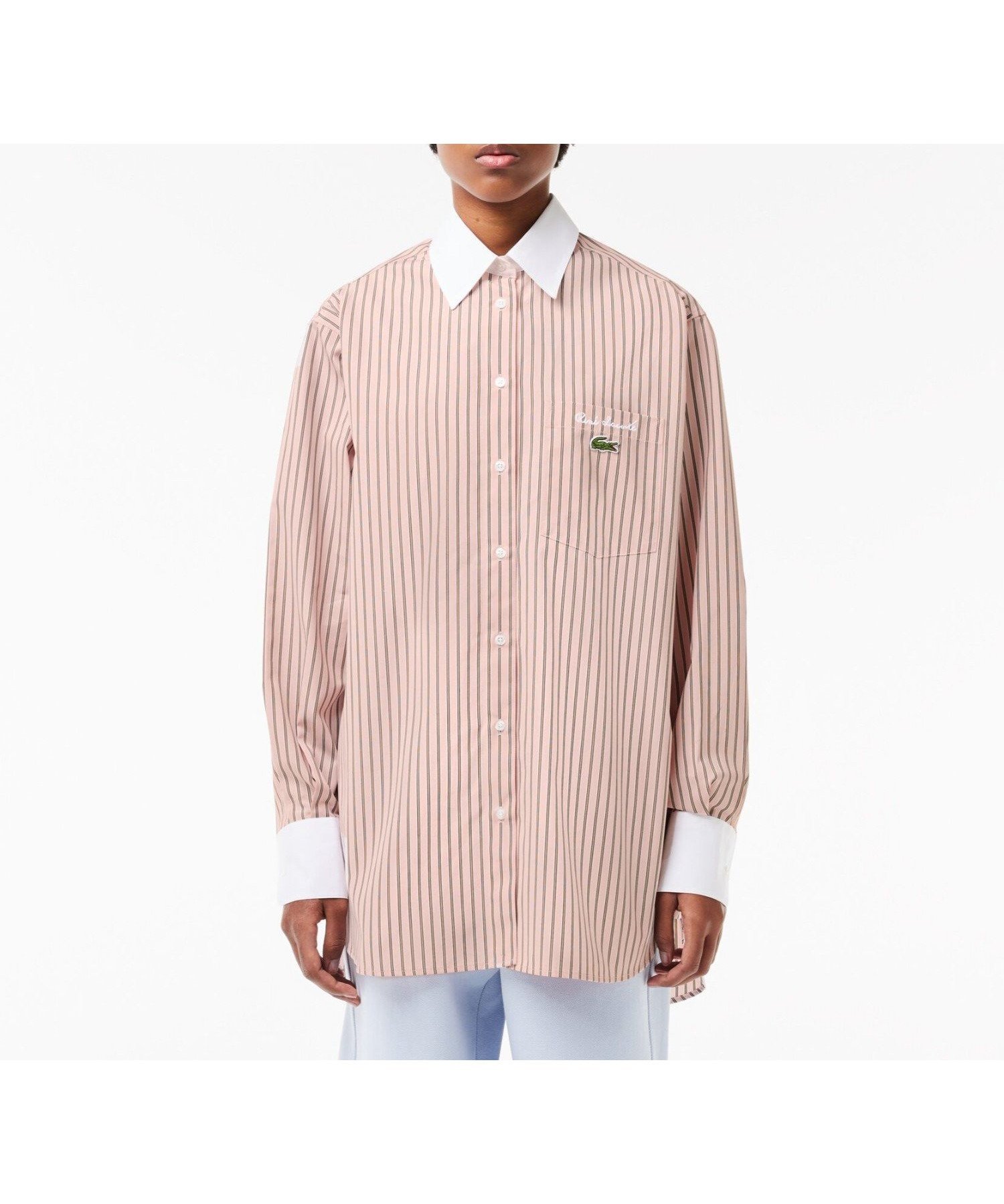 【ラコステ/LACOSTE】のストライプクレリックシャツ インテリア・キッズ・メンズ・レディースファッション・服の通販 founy(ファニー) 　ファッション　Fashion　レディースファッション　Fashion for Women　トップス・カットソー　Cut & Sew Tops　シャツ・ブラウス・オフィスカジュアル　Elegant Blouses & Button-Ups　エレガント 上品　Elegant　クラシック　Classic, Timeless Style　ストライプ　Stripe, Striped Pattern　パターン　Pattern, Design Print　人気　Popular, Best Seller　ピンク|ID: prp329100004772642 ipo3291000000034581021
