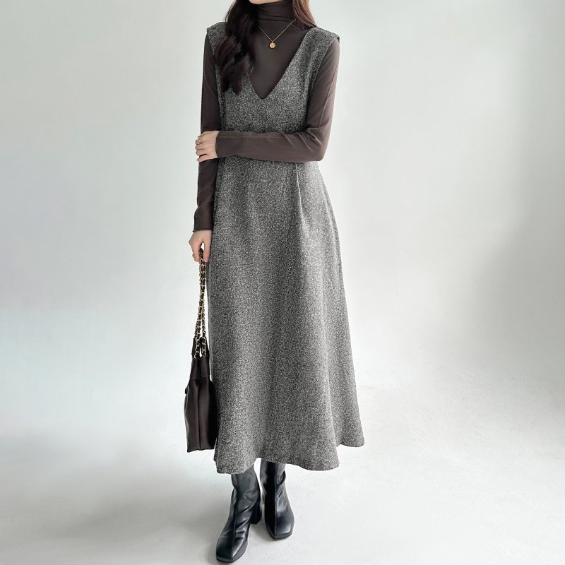 【ココモモ/COCOMOMO】のジャンパースカート Vネック ワンピース レディース ロング ジャンスカ インテリア・キッズ・メンズ・レディースファッション・服の通販 founy(ファニー) 　ファッション　Fashion　レディースファッション　Fashion for Women　スカート　Skirts　タートルネック　Turtleneck, High Neck　ポケット　Pocket, Pocket Detail　ロング　Long, Long-Length　A/W・秋冬　Autumn/Winter　ライトグレー|ID: prp329100004773253 ipo3291000000035217425