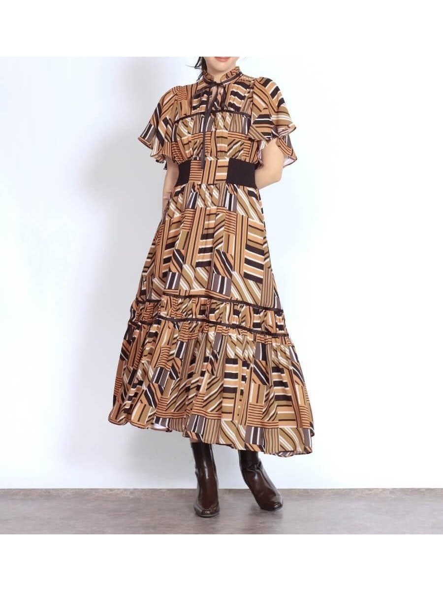 【ヴァン/Vin】のレトロパターンフレアワンピース インテリア・キッズ・メンズ・レディースファッション・服の通販 founy(ファニー) ファッション Fashion レディースファッション Fashion for Women ワンピース Dresses エレガント 上品 Elegant 秋 Autumn カーディガン Cardigan, Knitwear ギャザー Gathered, Ruffled クラシカル Classical, Vintage-Inspired ジャケット Jacket, Outerwear スリーブ Sleeve, Long Sleeve / Short Sleeve パターン Pattern, Design Print フィット Fit, Slim Fit フレア Flare, Flared リブニット Rib Knit, Ribbed Knit リボン Ribbon, Bow オレンジ|ID: prp329100004773277 ipo3291000000034588187