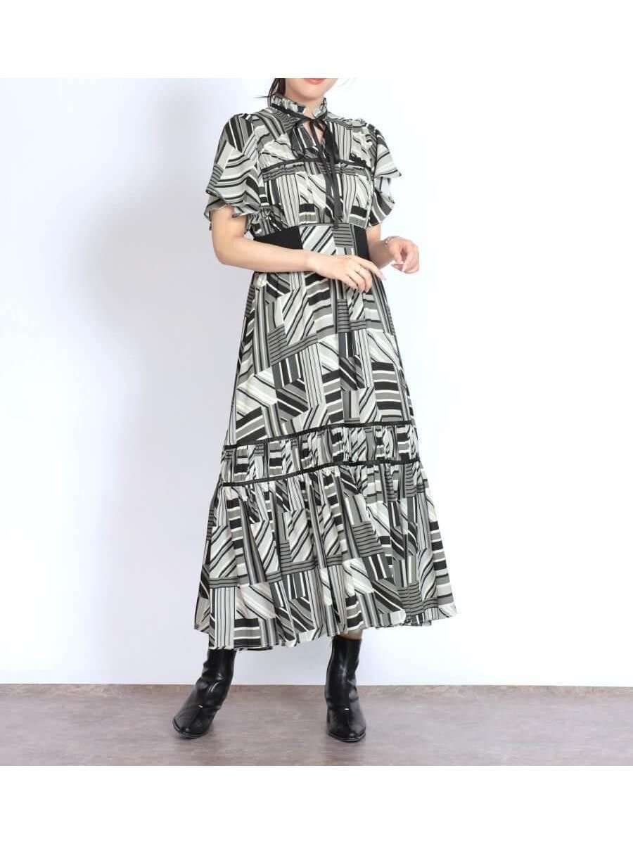 【ヴァン/Vin】のレトロパターンフレアワンピース インテリア・キッズ・メンズ・レディースファッション・服の通販 founy(ファニー) ファッション Fashion レディースファッション Fashion for Women ワンピース Dresses エレガント 上品 Elegant 秋 Autumn カーディガン Cardigan, Knitwear ギャザー Gathered, Ruffled クラシカル Classical, Vintage-Inspired ジャケット Jacket, Outerwear スリーブ Sleeve, Long Sleeve / Short Sleeve パターン Pattern, Design Print フィット Fit, Slim Fit フレア Flare, Flared リブニット Rib Knit, Ribbed Knit リボン Ribbon, Bow グレー|ID: prp329100004773277 ipo3291000000034588189