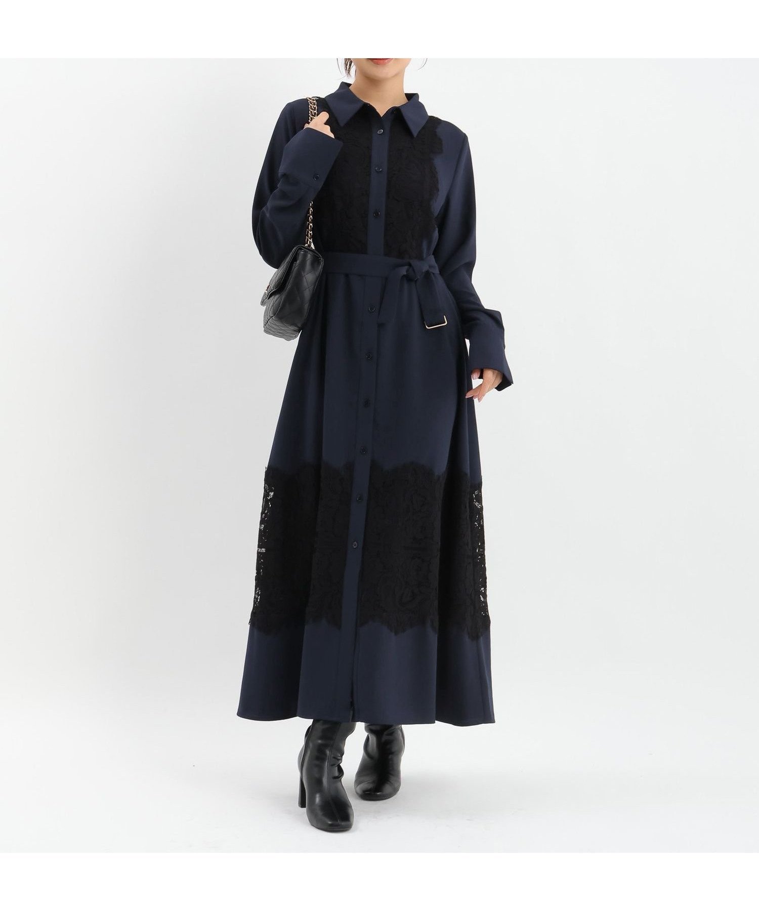 【アンデミュウ/Andemiu】のスソレースキリカエワンピース インテリア・キッズ・メンズ・レディースファッション・服の通販 founy(ファニー) 　ファッション　Fashion　レディースファッション　Fashion for Women　ワンピース　Dresses　フレア　Flare, Flared　レース　Lace, Lace Fabric　ロング　Long, Long-Length　切替　Switching, Contrast Panel　春　Spring　ネイビー|ID: prp329100004773300 ipo3291000000034588635