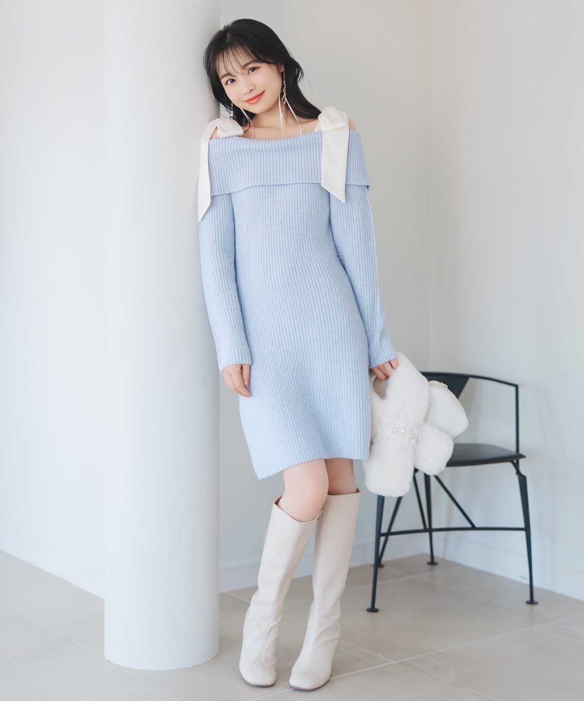 【ウィルセレクション/WILLSELECTION】のリボンショルダーオフショルニットワンピース インテリア・キッズ・メンズ・レディースファッション・服の通販 founy(ファニー) 　ファッション　Fashion　レディースファッション　Fashion for Women　ワンピース　Dresses　ニットワンピース　Knit Dresses　ショルダー　Shoulder, Shoulder Strap　フェミニン　Feminine, Girly　ホリデーシーズン　Holiday Season　リボン　Ribbon, Bow　ロング　Long, Long-Length　サックス|ID: prp329100004773306 ipo3291000000035097582