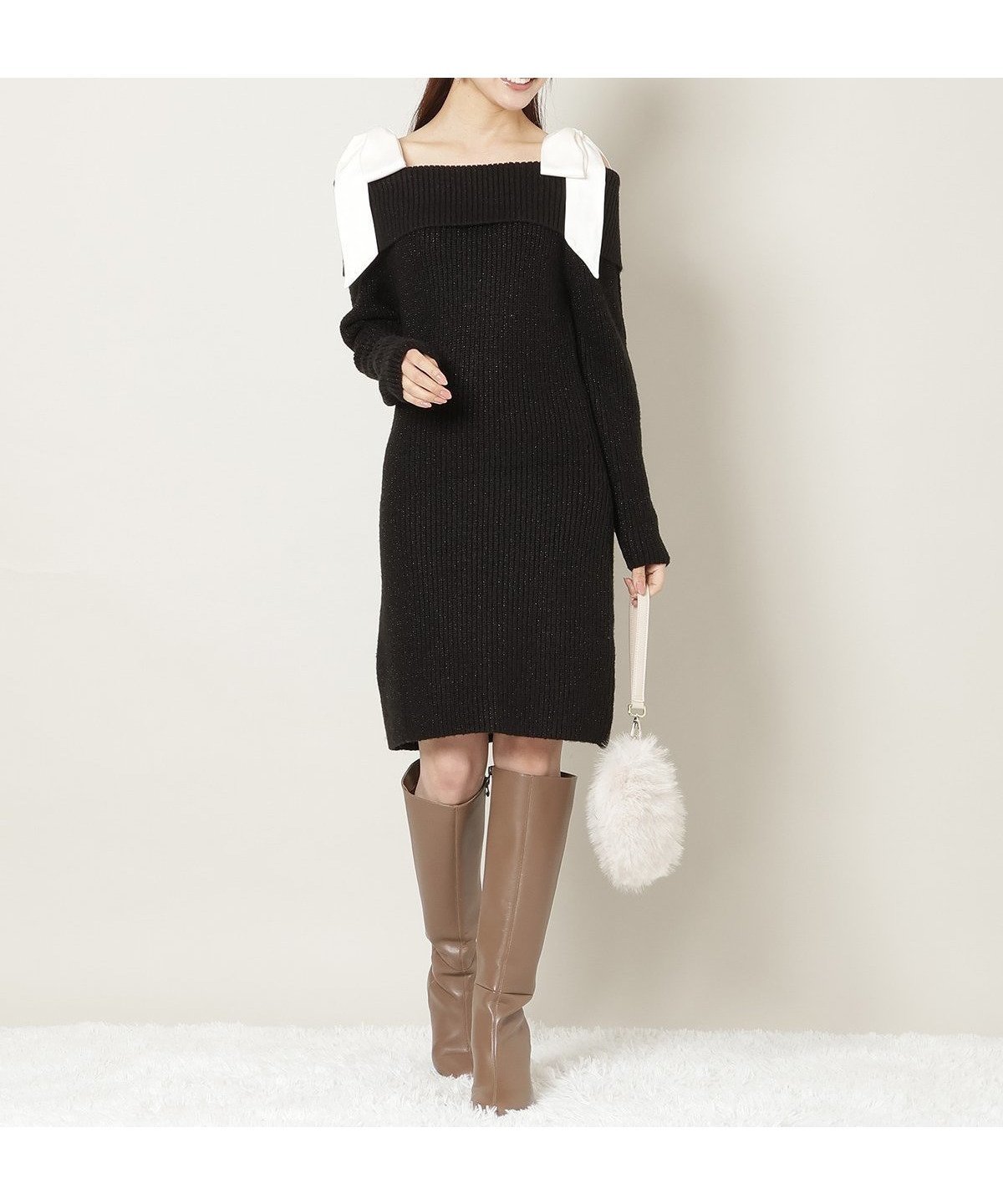 【ウィルセレクション/WILLSELECTION】のリボンショルダーオフショルニットワンピース インテリア・キッズ・メンズ・レディースファッション・服の通販 founy(ファニー) 　ファッション　Fashion　レディースファッション　Fashion for Women　ワンピース　Dresses　ニットワンピース　Knit Dresses　ショルダー　Shoulder, Shoulder Strap　フェミニン　Feminine, Girly　ホリデーシーズン　Holiday Season　リボン　Ribbon, Bow　ロング　Long, Long-Length　ブラック|ID: prp329100004773306 ipo3291000000035097583