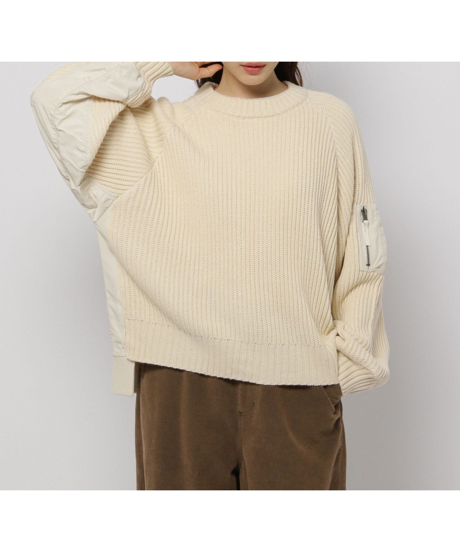 【ニコアンド/niko and】のMA-1ディテールニットプルオーバー インテリア・キッズ・メンズ・レディースファッション・服の通販 founy(ファニー) 　ファッション　Fashion　レディースファッション　Fashion for Women　トップス・カットソー　Cut & Sew Tops　ニット　Knit Tops & Sweaters　カジュアルプルオーバー・ニットトップス　Pullovers & Knit Tops / Casual Pullovers　おすすめ　Recommended / Our Picks　トレンド　Trend, Trending Now　ドッキング　Docking, Mixed Material　ブルゾン　Blouson, Bomber Jacket　プリーツ　Pleats, Pleated　ミリタリー　Military, Army Style　今季　This Season, Current Season　アイボリー|ID: prp329100004773781 ipo3291000000034596367