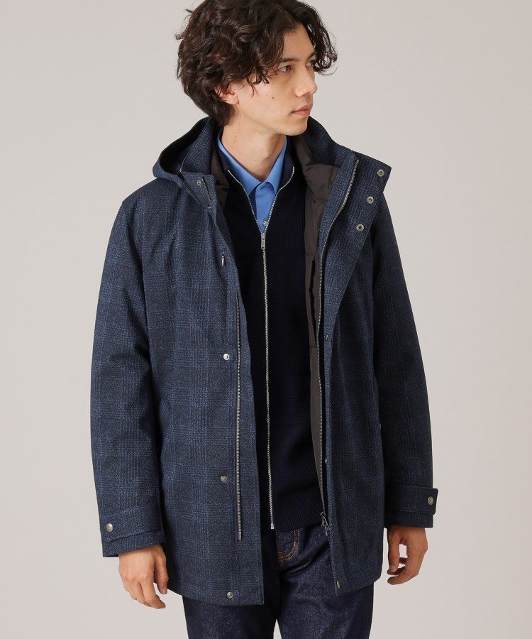 【タケオキクチ/TAKEO KIKUCHI / MEN】の【3WAY】ジャカード グレンチェック ダウンライナー ブルゾン インテリア・キッズ・メンズ・レディースファッション・服の通販 founy(ファニー) 　ファッション　Fashion　メンズファッション　Fashion for Men　軽量　Lightweight, Ultra Light　シャドー　Shadow, Subtle Pattern　ジャカード／ジャガード　Jacquard, Woven Pattern　ジャケット　Jacket, Outerwear　スタイリッシュ　Stylish, Fashionable　スマート　Smart, Elegant　財布　Wallet, Purse　ダウン　Down, Puffer　チェック　Check, Plaid, Tartan　パターン　Pattern, Design Print　フィット　Fit, Slim Fit　フロント　Front, Front Design　ブルゾン　Blouson, Bomber Jacket　ポケット　Pocket, Pocket Detail　ライナー　Liner, Inner Layer　冬　Winter / This Winter　ブルー|ID: prp329100004774306 ipo3291000000034604279