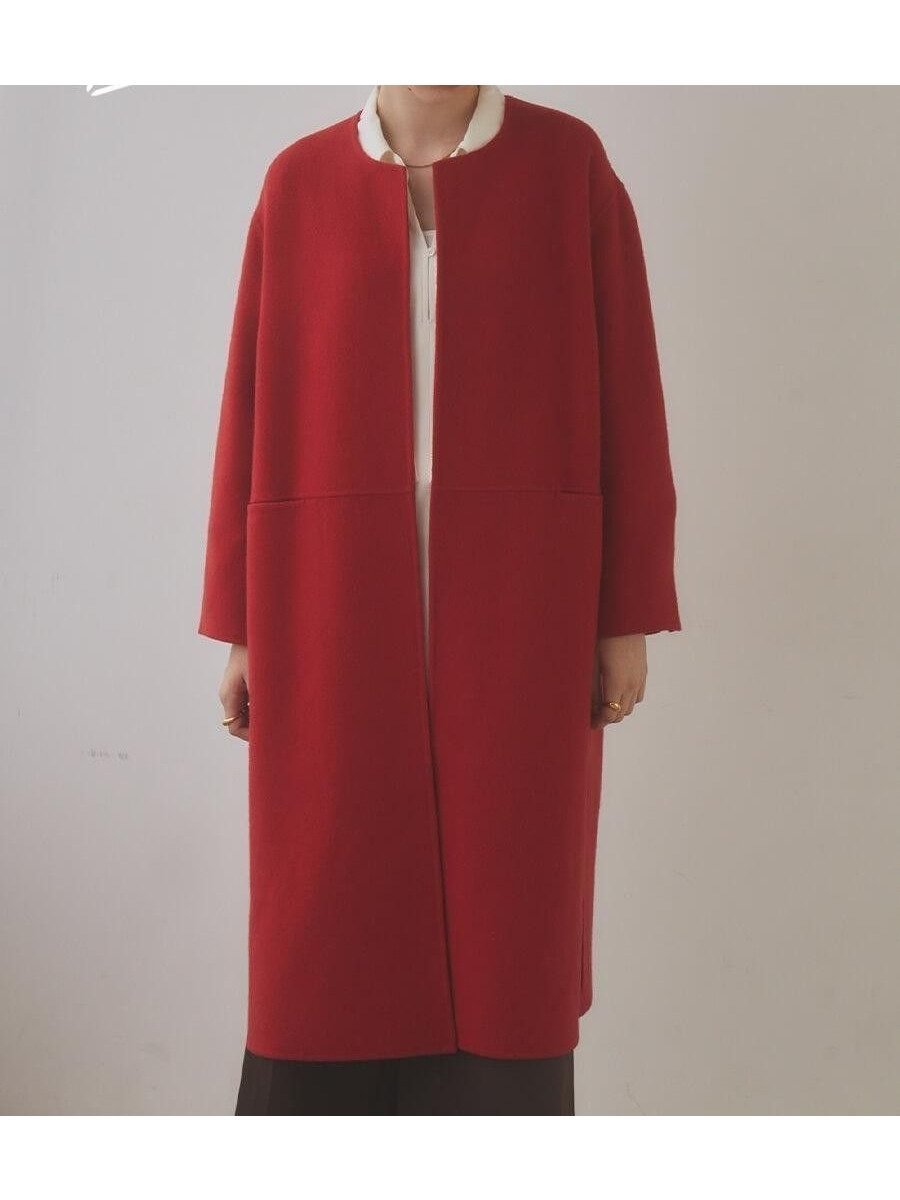 【ラシュッド/LASUD】の【尾州】Super 140 s Double beaver No-collar Midi Coat インテリア・キッズ・メンズ・レディースファッション・服の通販 founy(ファニー) 　ファッション　Fashion　レディースファッション　Fashion for Women　アウター　Coat / Outerwear Collection　コート・ロングコート・ピーコート　Long Coats, Peacoats & More　ショルダー　Shoulder, Shoulder Strap　トレンド　Trend, Trending Now　人気　Popular, Best Seller　ハンド　Hand, Handmade　レッド|ID: prp329100004774849 ipo3291000000034934797