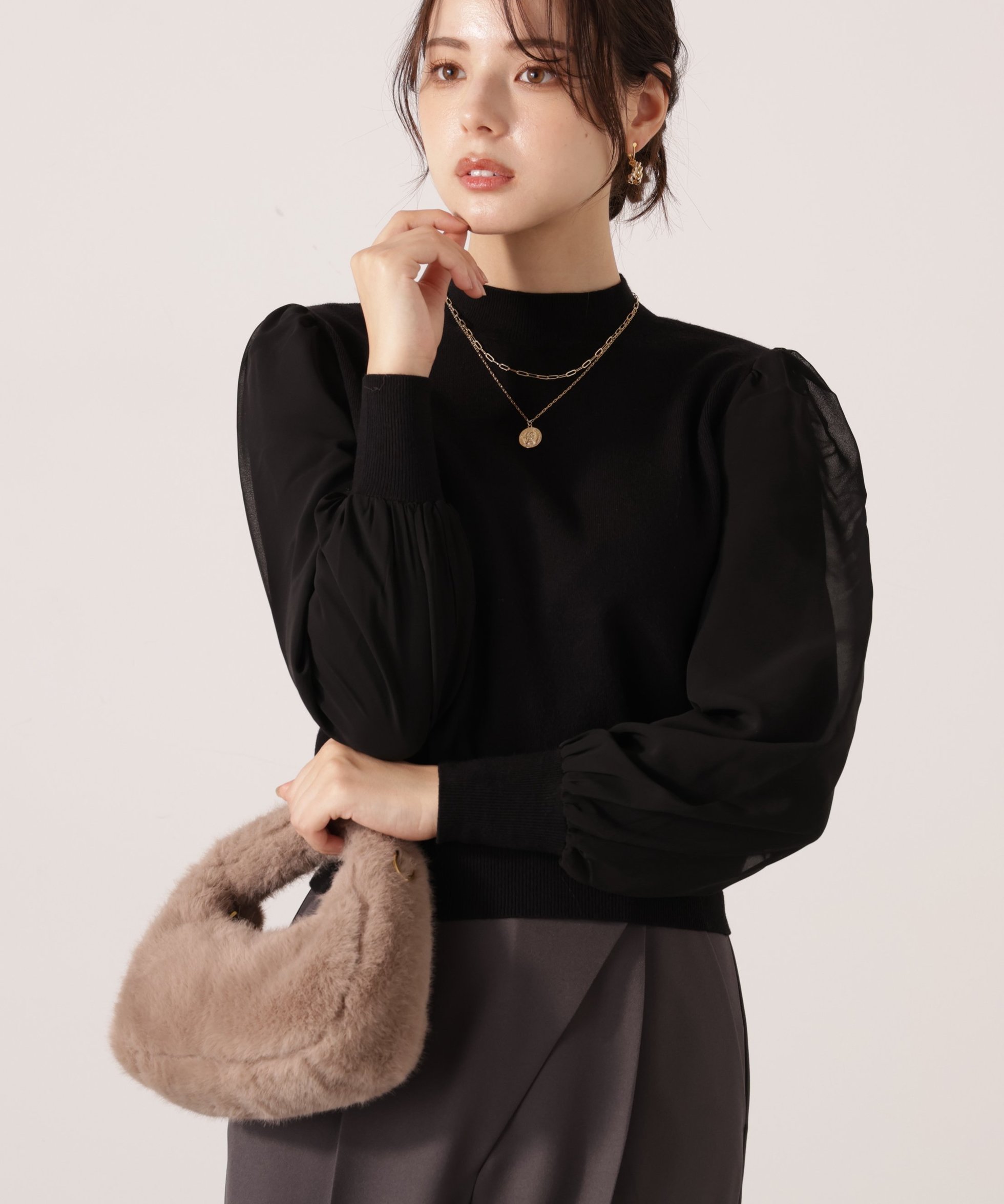 【プロポーション ボディドレッシング/PROPORTION BODY DRESSING】のシフォンスリーブニットトップス インテリア・キッズ・メンズ・レディースファッション・服の通販 founy(ファニー) 　ファッション　Fashion　レディースファッション　Fashion for Women　トップス・カットソー　Cut & Sew Tops　ニット　Knit Tops & Sweaters　ウォーム　Warm Fabric　シフォン　Chiffon, Lightweight Fabric　シンプル　Simple, Minimal　ブラック|ID: prp329100004776245 ipo3291000000034625024