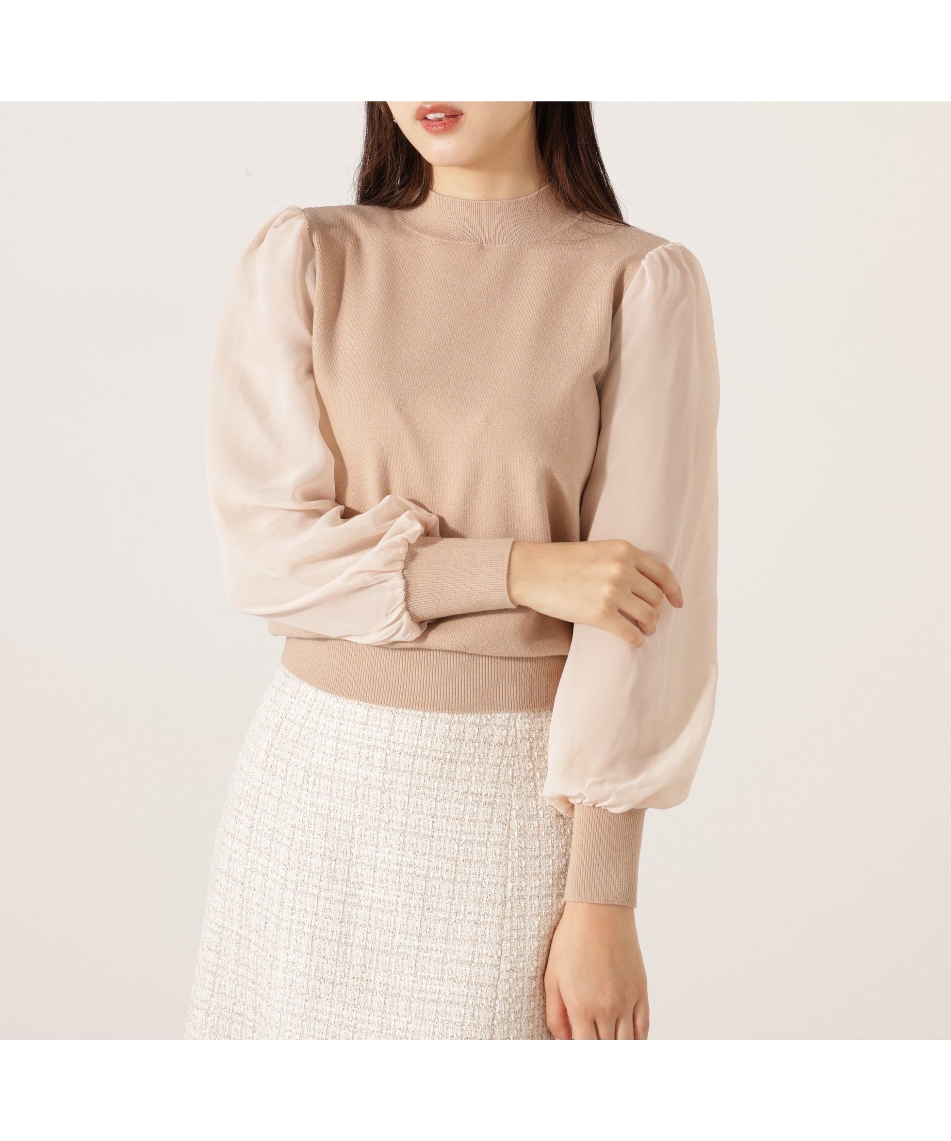 【プロポーション ボディドレッシング/PROPORTION BODY DRESSING】のシフォンスリーブニットトップス インテリア・キッズ・メンズ・レディースファッション・服の通販 founy(ファニー) 　ファッション　Fashion　レディースファッション　Fashion for Women　トップス・カットソー　Cut & Sew Tops　ニット　Knit Tops & Sweaters　ウォーム　Warm Fabric　シフォン　Chiffon, Lightweight Fabric　シンプル　Simple, Minimal　ライトベージュ|ID: prp329100004776245 ipo3291000000034625025