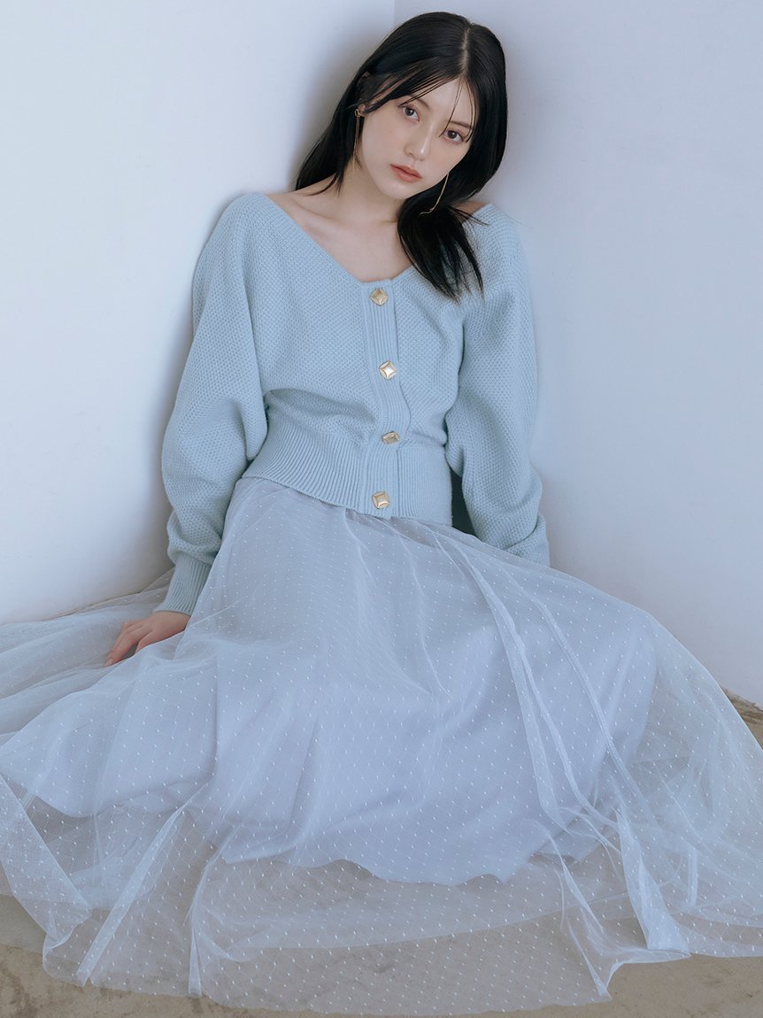 【スナイデル/SNIDEL】のチュールスカートセットカーディガン インテリア・キッズ・メンズ・レディースファッション・服の通販 founy(ファニー) 　ファッション　Fashion　レディースファッション　Fashion for Women　スカート　Skirts　ウェーブ　Wavy Pattern　カーディガン　Cardigan, Knitwear　サテン　Satin, Glossy Fabric　シアー　Sheer, See-Through　ストレート　Straight, Straight Cut　スマート　Smart, Elegant　チュール　Tulip, Tulip Motif　ドット　Polka Dot, Dot Pattern　フィット　Fit, Slim Fit　フレア　Flare, Flared　フロント　Front, Front Design　メタル　Metal, Metal Parts　おすすめ　Recommended / Our Picks　LBLU[081]|ID: prp329100004776399 ipo3291000000035072049