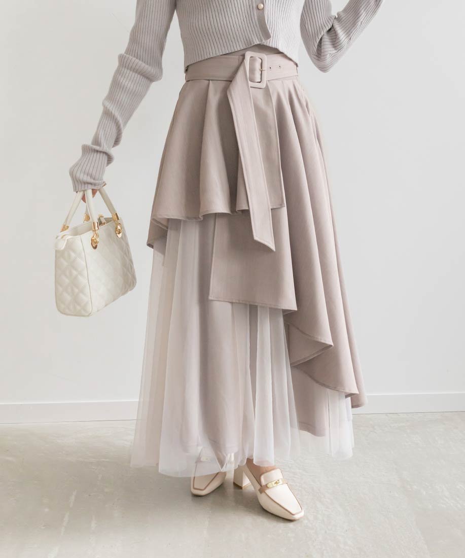 【ランダ/RANDA】のチュールドッキングフレアスカート 人気、トレンドファッション・服の通販 founy(ファニー) 　ファッション　Fashion　レディースファッション　Fashion for Women　スカート　Skirts　Aライン・フレアスカート　A-Line & Flared Skirts　アシンメトリー　Asymmetrical Style　コンパクト　Compact, Small Size　チュール　Tulip, Tulip Motif　ドッキング　Docking, Mixed Material　フェミニン　Feminine, Girly　 other-1|ID: prp329100004776946 ipo3291000000034653959