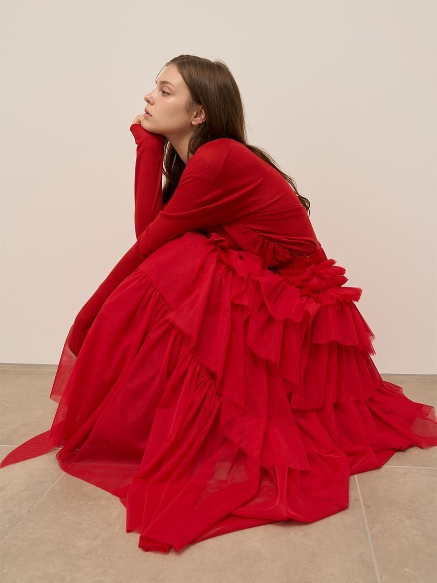 【スナイデル/SNIDEL】のチュールボリュームスカート インテリア・キッズ・メンズ・レディースファッション・服の通販 founy(ファニー) 　ファッション　Fashion　レディースファッション　Fashion for Women　スカート　Skirts　ウェーブ　Wavy Pattern　エレガント 上品　Elegant　今季　This Season, Current Season　シアー　Sheer, See-Through　スマート　Smart, Elegant　チュール　Tulip, Tulip Motif　フィット　Fit, Slim Fit　フリル　Frill, Ruffle　ベロア　Velour, Soft Velvet　ランダム　Random, Irregular　ロマンティック　Romantic, Feminine Style　おすすめ　Recommended / Our Picks　ホリデーシーズン　Holiday Season　RED[046]|ID: prp329100004776967 ipo3291000000034631683