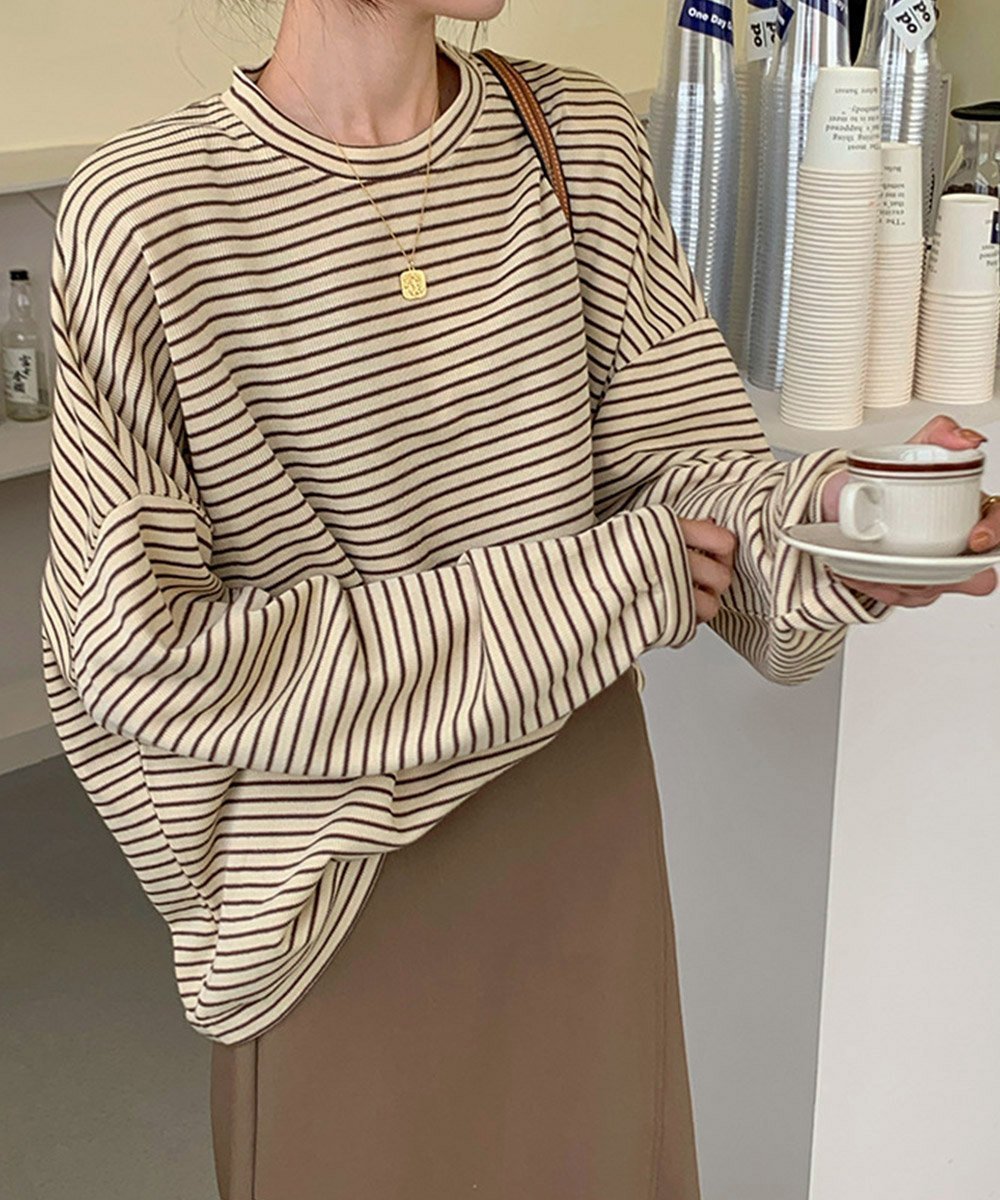 【ミニミニストア/miniministore】のボーダーTシャツ レディース長袖tシャツ インテリア・キッズ・メンズ・レディースファッション・服の通販 founy(ファニー) ファッション Fashion レディースファッション Fashion for Women トップス・カットソー Cut & Sew Tops シャツ・ブラウス・オフィスカジュアル Elegant Blouses & Button-Ups ロングTシャツ・Tシャツ Longline T-Shirts & Tees インナー Innerwear カットソー Cut and Sewn Top カーディガン Cardigan, Knitwear ショルダー Shoulder, Shoulder Strap ジャケット Jacket, Outerwear ドロップ Drop Shoulder, Dropped Style ボーダー Border, Stripe ロング Long, Long-Length 長袖 Long Sleeve, Full Sleeve ブラウン|ID: prp329100004777036 ipo3291000000034633044