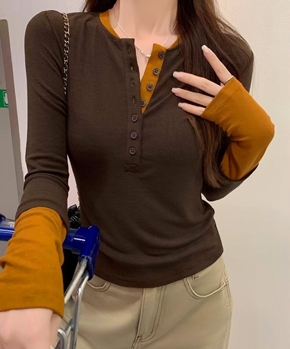 【ミニミニストア/miniministore】の配色ヘンリーシャツハーフボタンカットソー インテリア・キッズ・メンズ・レディースファッション・服の通販 founy(ファニー) 　ファッション　Fashion　レディースファッション　Fashion for Women　トップス・カットソー　Cut & Sew Tops　シャツ・ブラウス・オフィスカジュアル　Elegant Blouses & Button-Ups　カットソー・ベーシックTシャツ　Cut-and-Sewn Tops / Stretch Tees & Basics　インナー　Innerwear　秋　Autumn　カットソー　Cut and Sewn Top　カーゴパンツ　Cargo Pants, Utility Pants　デニム　Denim, Jeans Material　トレンド　Trend, Trending Now　長袖　Long Sleeve, Full Sleeve　フィット　Fit, Slim Fit　フロント　Front, Front Design　無地　Plain, Solid Color　ブラウン|ID: prp329100004777668 ipo3291000000034642448