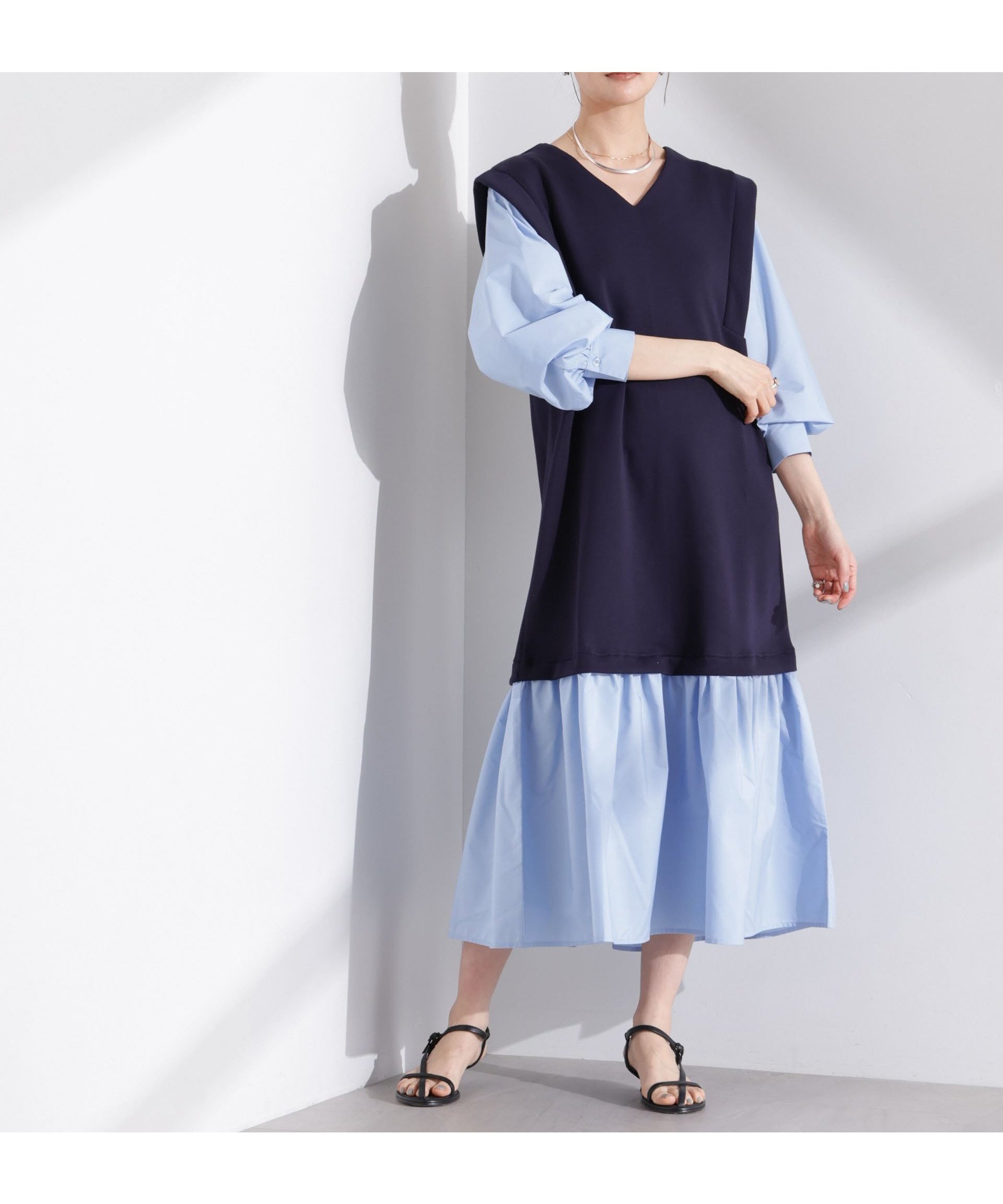 【ナノ ユニバース/nano universe】のダンボールベストレイヤード風コンビワンピース インテリア・キッズ・メンズ・レディースファッション・服の通販 founy(ファニー) 　ファッション　Fashion　レディースファッション　Fashion for Women　アウター　Coat / Outerwear Collection　ウォッシャブル　Machine Washable　コンビ　Combo, Combination Style　スリーブ　Sleeve, Long Sleeve / Short Sleeve　ベスト　Vest, Waistcoat　ビジネス 仕事 通勤　Business / Work / Commuting　2025年　2025　2025春夏・S/S　Spring/Summer 2025 SS25　ネイビー|ID: prp329100004777750 ipo3291000000034643912