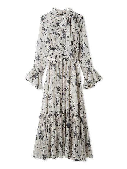 【フレイ アイディー/FRAY I.D】のボウタイプリーツプリントワンピース インテリア・キッズ・メンズ・レディースファッション・服の通販 founy(ファニー) 　ファッション　Fashion　レディースファッション　Fashion for Women　ワンピース　Dresses　アニマル　Animal Print　エレガント 上品　Elegant　シャーリング　Shirring, Ruched　スマート　Smart, Elegant　フラワー　Flower, Floral　フレア　Flare, Flared　プリント　Print, Printed Pattern　プリーツ　Pleats, Pleated　モノトーン　Monotone, Black and White　BEG[037]|ID: prp329100004777813 ipo3291000000034644573