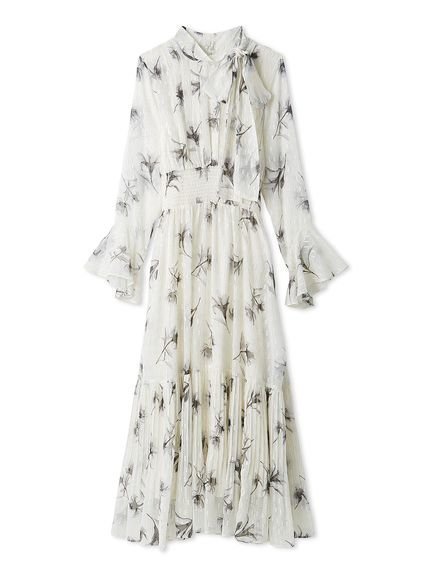 【フレイ アイディー/FRAY I.D】のボウタイプリーツプリントワンピース インテリア・キッズ・メンズ・レディースファッション・服の通販 founy(ファニー) 　ファッション　Fashion　レディースファッション　Fashion for Women　ワンピース　Dresses　アニマル　Animal Print　エレガント 上品　Elegant　シャーリング　Shirring, Ruched　スマート　Smart, Elegant　フラワー　Flower, Floral　フレア　Flare, Flared　プリント　Print, Printed Pattern　プリーツ　Pleats, Pleated　モノトーン　Monotone, Black and White　WHT[001]|ID: prp329100004777813 ipo3291000000035073293