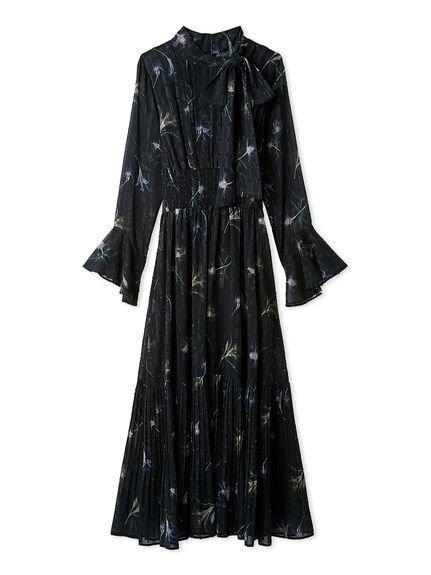 【フレイ アイディー/FRAY I.D】のボウタイプリーツプリントワンピース インテリア・キッズ・メンズ・レディースファッション・服の通販 founy(ファニー) 　ファッション　Fashion　レディースファッション　Fashion for Women　ワンピース　Dresses　アニマル　Animal Print　エレガント 上品　Elegant　シャーリング　Shirring, Ruched　スマート　Smart, Elegant　フラワー　Flower, Floral　フレア　Flare, Flared　プリント　Print, Printed Pattern　プリーツ　Pleats, Pleated　モノトーン　Monotone, Black and White　NVY[089]|ID: prp329100004777813 ipo3291000000035073295