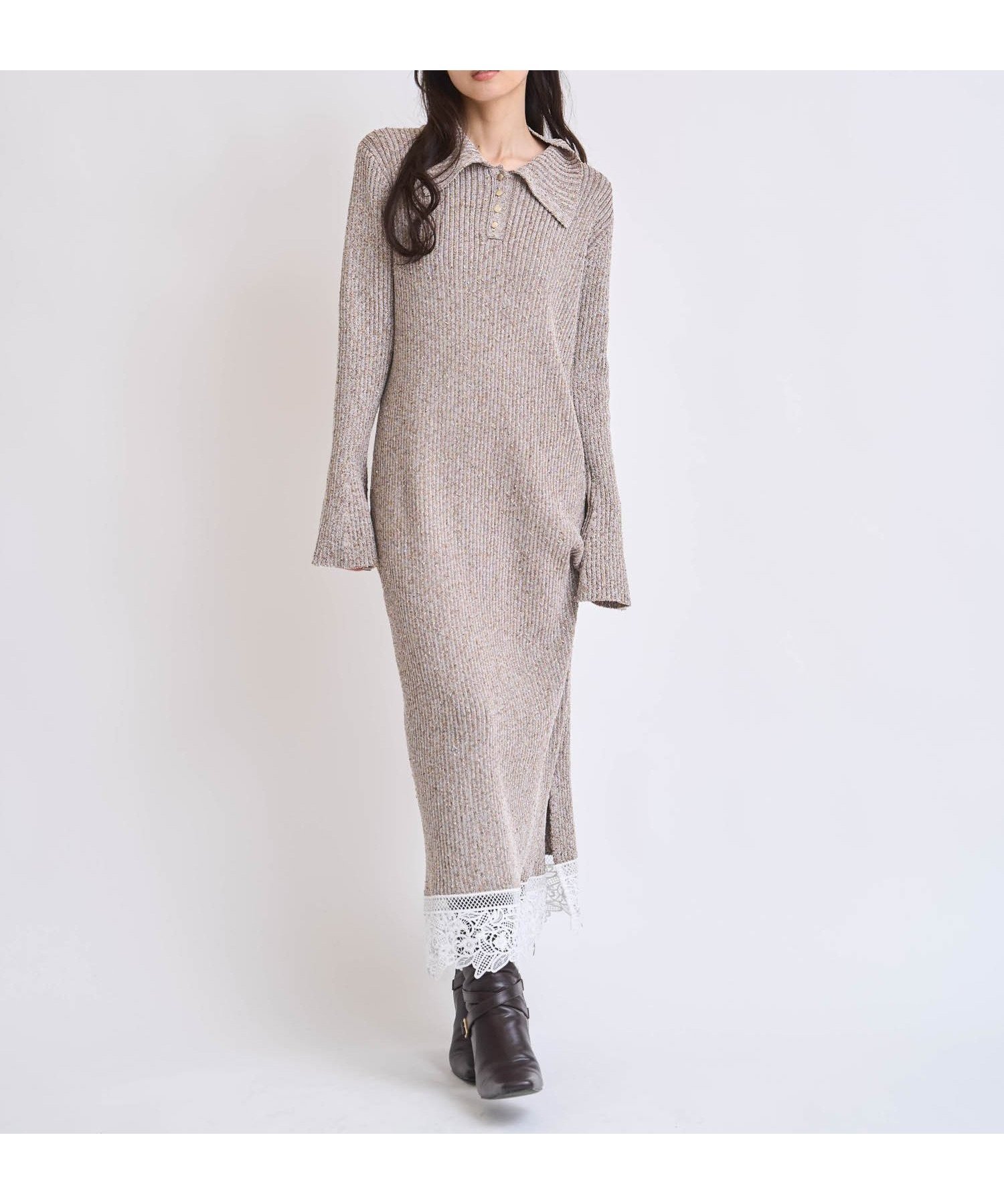 【ノエラ/Noela】のレーストリムポロニットワンピース インテリア・キッズ・メンズ・レディースファッション・服の通販 founy(ファニー) 　ファッション　Fashion　レディースファッション　Fashion for Women　ワンピース　Dresses　ニットワンピース　Knit Dresses　ネップ　Nepp, Slub Yarn　フレア　Flare, Flared　ポケット　Pocket, Pocket Detail　レース　Lace, Lace Fabric　エレガント 上品　Elegant　モカ|ID: prp329100004777816 ipo3291000000034644592