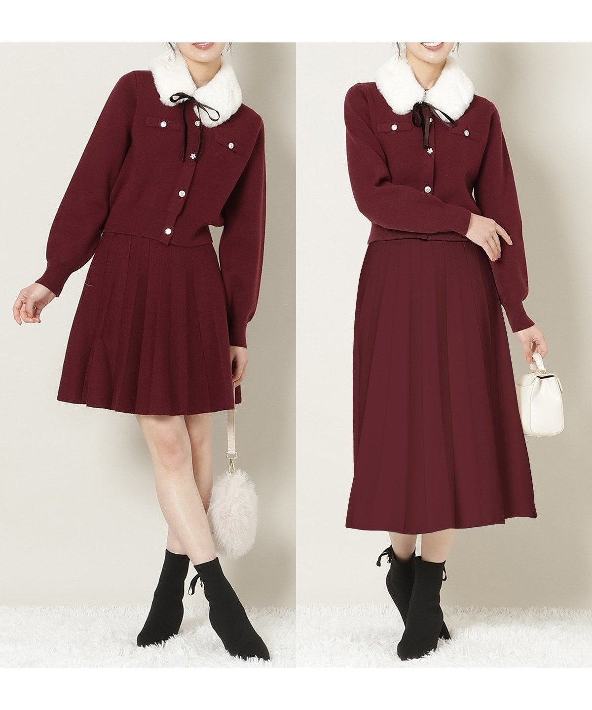 【ウィルセレクション/WILLSELECTION】の【11/21(fri)10時発売】ファーティペット付きニットSETUP インテリア・キッズ・メンズ・レディースファッション・服の通販 founy(ファニー) 　ファッション　Fashion　レディースファッション　Fashion for Women　トップス・カットソー　Cut & Sew Tops　ニット　Knit Tops & Sweaters　カーディガン　Cardigan, Knitwear　シンプル　Simple, Minimal　セットアップ　Set-Up, Coordinated Outfit　フロント　Front, Front Design　プリーツ　Pleats, Pleated　ベロア　Velour, Soft Velvet　リボン　Ribbon, Bow　ロング　Long, Long-Length　ボルドー|ID: prp329100004777817 ipo3291000000034644598