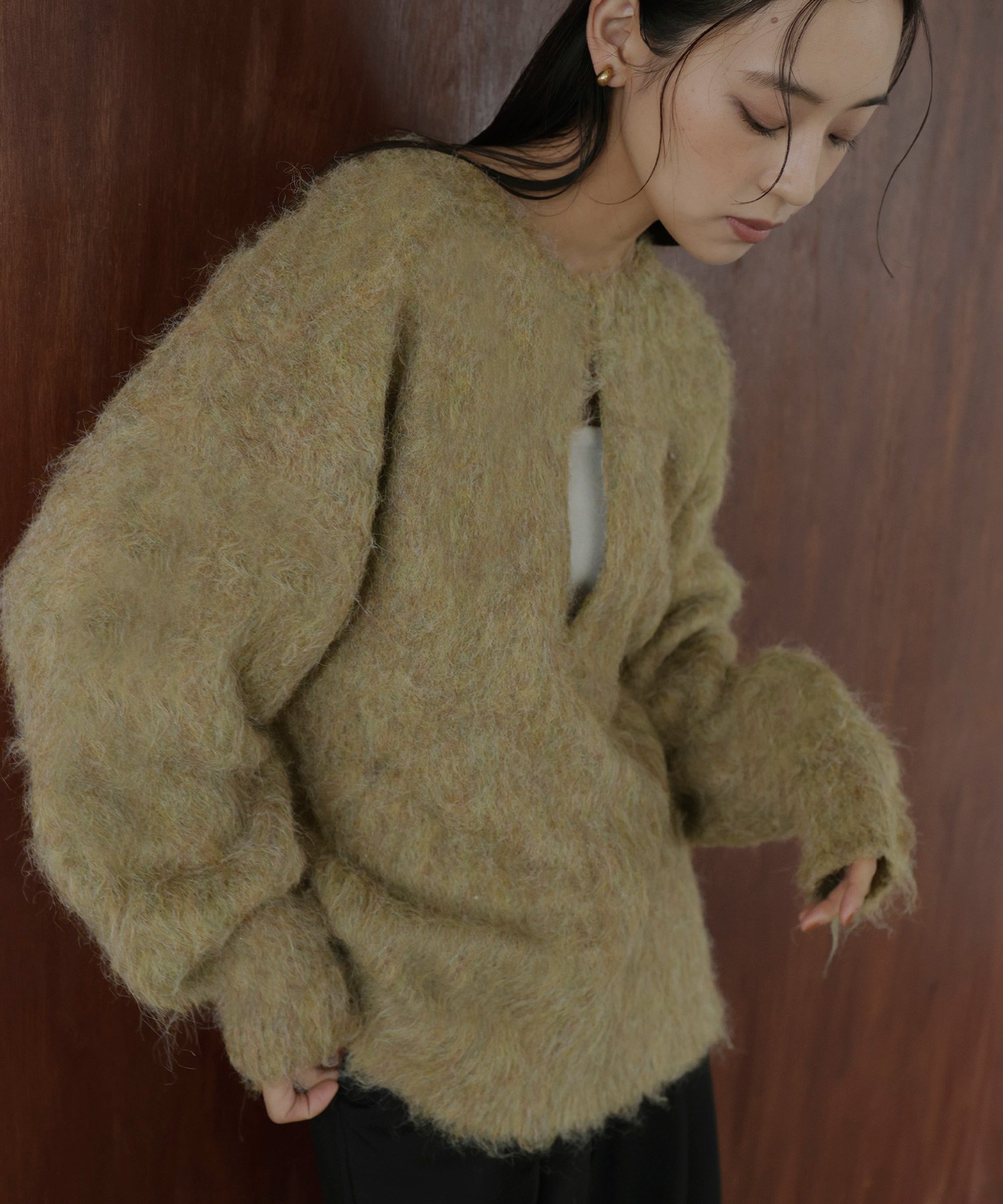 【ヘラム/hellam】のミックスシャギー キーネックニット インテリア・キッズ・メンズ・レディースファッション・服の通販 founy(ファニー) 　ファッション　Fashion　レディースファッション　Fashion for Women　トップス・カットソー　Cut & Sew Tops　ニット　Knit Tops & Sweaters　人気　Popular, Best Seller　グリーン|ID: prp329100004778354 ipo3291000000034733071