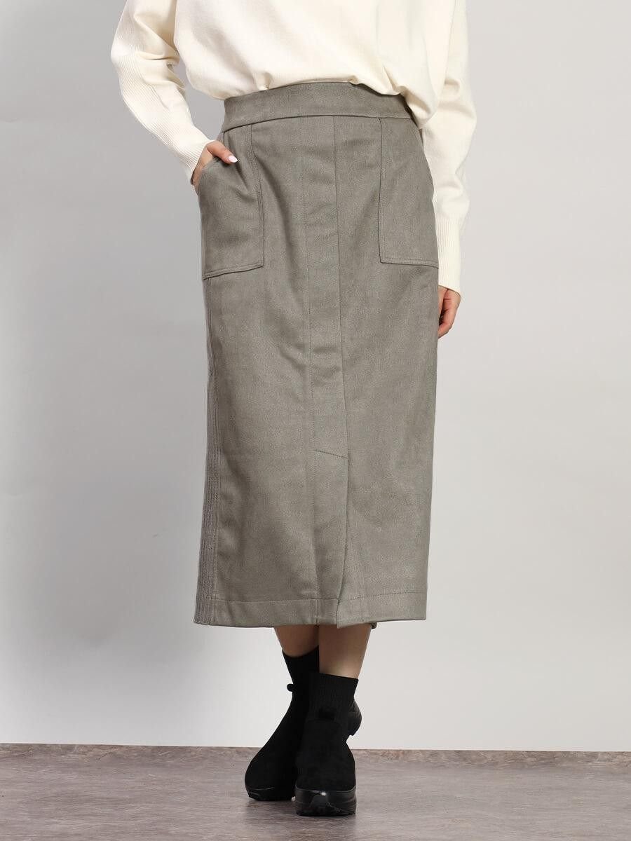 【ラシュッド/LASUD】のフェイクスエード×リブIラインスカート インテリア・キッズ・メンズ・レディースファッション・服の通販 founy(ファニー) 　ファッション　Fashion　レディースファッション　Fashion for Women　スカート　Skirts　スリット　Slit, Slit Detail　フロント　Front, Front Design　グレー|ID: prp329100004778496 ipo3291000000034652583