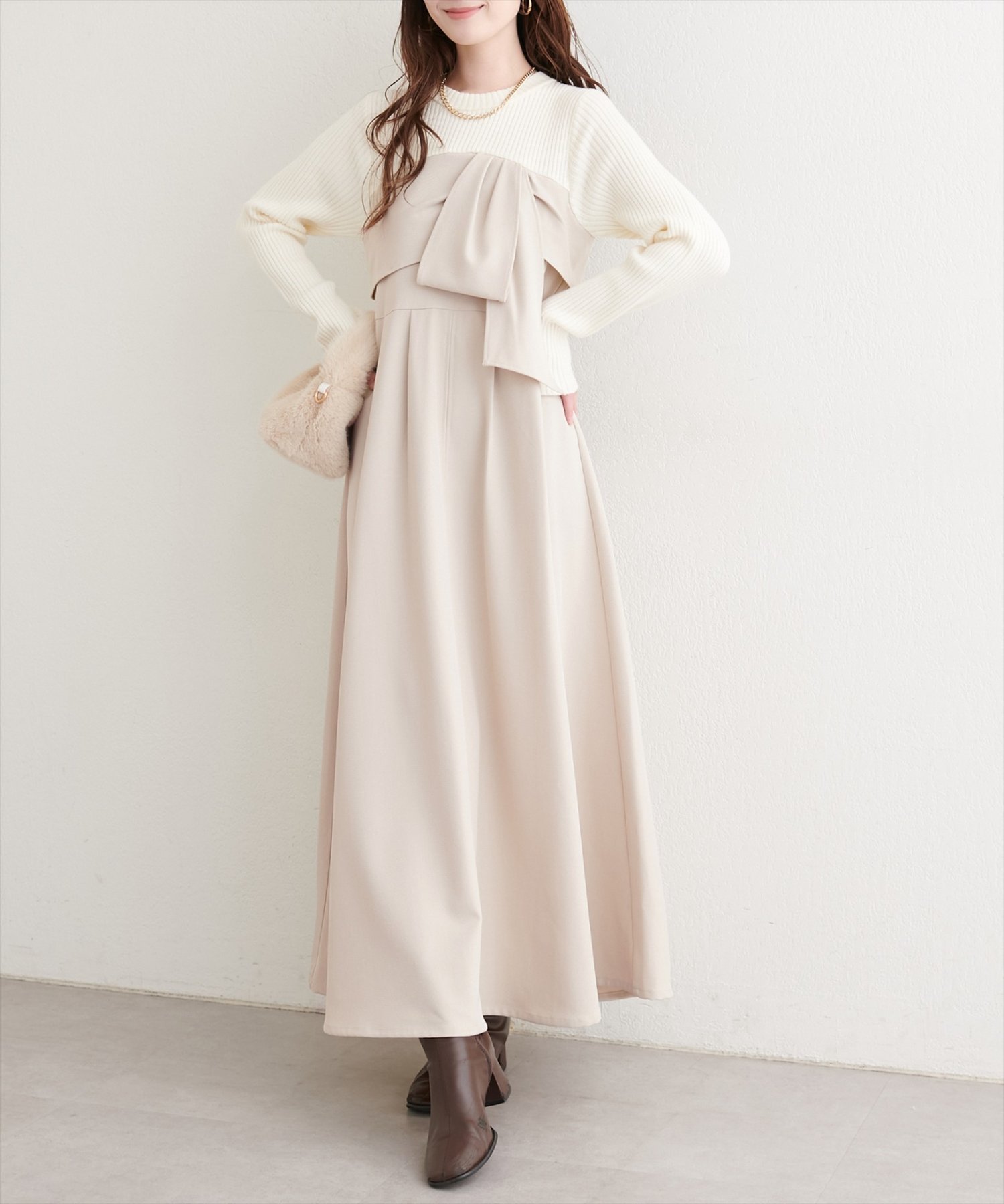 【ナチュラルクチュール/natural couture】のリボン風ドッキングワンピース 人気、トレンドファッション・服の通販 founy(ファニー) 　ファッション　Fashion　レディースファッション　Fashion for Women　ワンピース　Dresses　カーディガン　Cardigan, Knitwear　シューズ　Shoes, Footwear　ジャケット　Jacket, Outerwear　スニーカー　Sneakers, Trainers　ダウン　Down, Puffer　ドッキング　Docking, Mixed Material　フィット　Fit, Slim Fit　フラット　Flat, Flat Shoes　フロント　Front, Front Design　リボン　Ribbon, Bow　再入荷　Restock / Back in Stock　おすすめ　Recommended / Our Picks　エレガント 上品　Elegant　2025年　2025　2025-2026秋冬・A/W　Autumn/Winter 2025–26 AW25–26　 other-1|ID: prp329100004778523 ipo3291000000034652753