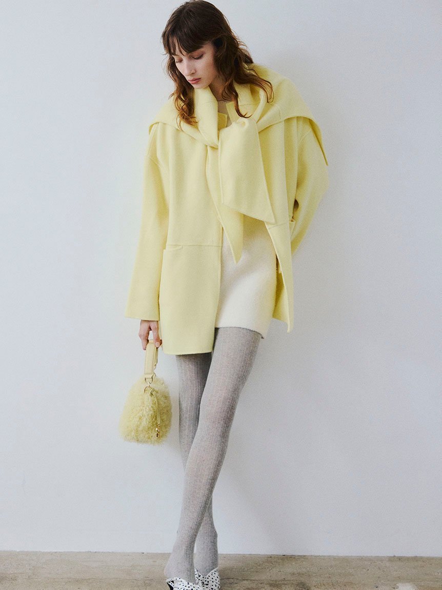 【フレイ アイディー/FRAY I.D】のマフラー付ノーカラーリバーミドルコート インテリア・キッズ・メンズ・レディースファッション・服の通販 founy(ファニー) 　ファッション　Fashion　レディースファッション　Fashion for Women　アウター　Coat / Outerwear Collection　コート・ロングコート・ピーコート　Long Coats, Peacoats & More　マフラー・スヌード / 冬小物の定番　Scarves & Mufflers　シンプル　Simple, Minimal　スマート　Smart, Elegant　チェック　Check, Plaid, Tartan　ハーフ　Half, Half-Length　バランス　Balance, Style Balance　フロント　Front, Front Design　ボトム　Bottoms, Lower Wear　マフラー　Scarf, Muffler　おすすめ　Recommended / Our Picks　YEL[032]|ID: prp329100004778933 ipo3291000000034658305