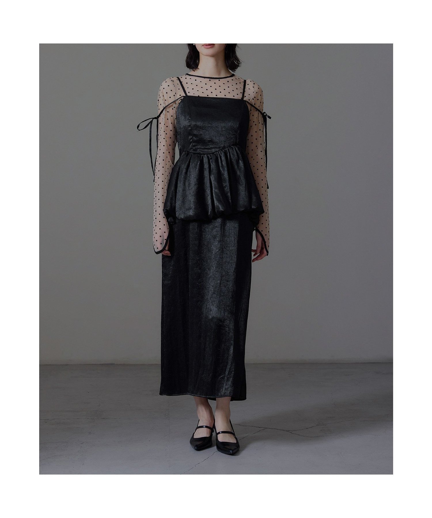 【ビーフラット/bflat】のワッシャーサテンペプラムキャミドレス パーティードレス オケージョンドレス 結婚式 インテリア・キッズ・メンズ・レディースファッション・服の通販 founy(ファニー) 　ファッション　Fashion　レディースファッション　Fashion for Women　トップス・カットソー　Cut & Sew Tops　キャミソール&ノースリーブ　Camisoles & Sleeveless Tops　ワンピース　Dresses　フォーマル・パーティードレス・結婚式用ドレス　Elegant & Casual Dresses　おすすめ　Recommended / Our Picks　オケージョン　Occasion Wear　ドレス　Dress, One-Piece　リボン　Ribbon, Bow　エレガント 上品　Elegant　二次会　After Party　披露宴　Wedding Reception　結婚式　Wedding　ブラック|ID: prp329100004778998 ipo3291000000034659404