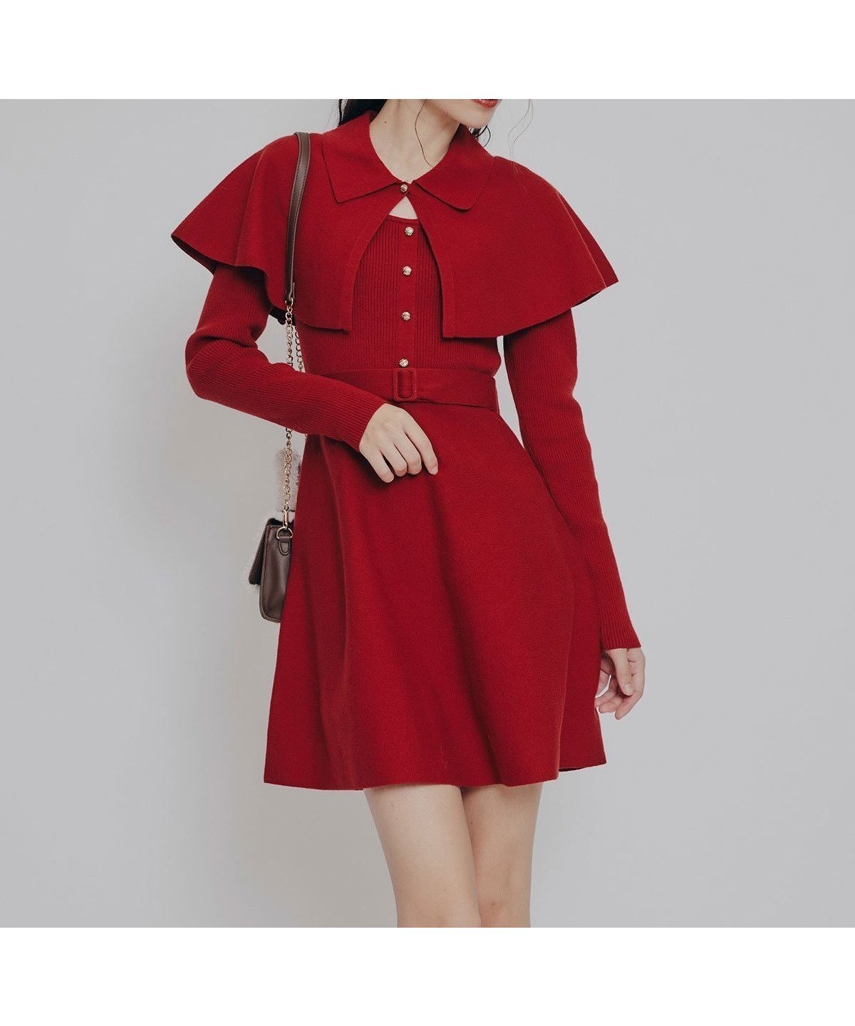 【レディアゼル/REDYAZEL】のケープSETニットフレアミニワンピース インテリア・キッズ・メンズ・レディースファッション・服の通販 founy(ファニー) 　ファッション　Fashion　レディースファッション　Fashion for Women　ワンピース　Dresses　アクセサリー　Fashion Accessories　ショルダー　Shoulder, Shoulder Strap　スクエア　Square, Square Shape　トレンド　Trend, Trending Now　フィット　Fit, Slim Fit　フレア　Flare, Flared　フロント　Front, Front Design　リボン　Ribbon, Bow　エレガント 上品　Elegant　レッド|ID: prp329100004779010 ipo3291000000035082623