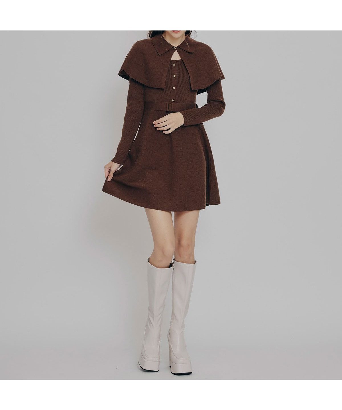 【レディアゼル/REDYAZEL】のケープSETニットフレアミニワンピース インテリア・キッズ・メンズ・レディースファッション・服の通販 founy(ファニー) 　ファッション　Fashion　レディースファッション　Fashion for Women　ワンピース　Dresses　アクセサリー　Fashion Accessories　ショルダー　Shoulder, Shoulder Strap　スクエア　Square, Square Shape　トレンド　Trend, Trending Now　フィット　Fit, Slim Fit　フレア　Flare, Flared　フロント　Front, Front Design　リボン　Ribbon, Bow　エレガント 上品　Elegant　ブラウン|ID: prp329100004779010 ipo3291000000035082624