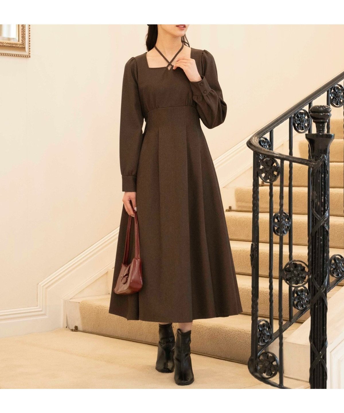 【ウィルセレクション/WILLSELECTION】のクロスネックフレアワンピース インテリア・キッズ・メンズ・レディースファッション・服の通販 founy(ファニー) 　ファッション　Fashion　レディースファッション　Fashion for Women　ワンピース　Dresses　スクエア　Square, Square Shape　デコルテ　Décolleté, Neckline　ドレープ　Drape, Draping Fabric　フレア　Flare, Flared　リボン　Ribbon, Bow　エレガント 上品　Elegant　ダークブラウン|ID: prp329100004779016 ipo3291000000034659679